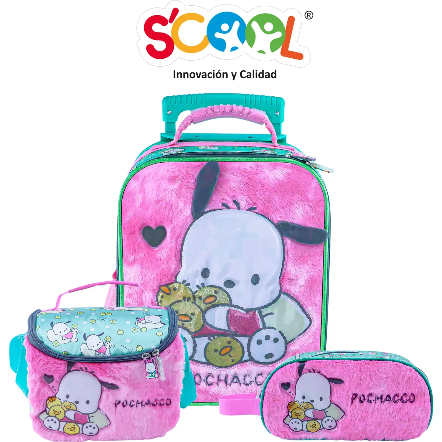 Set Scool Maleta Con Ruedas Grande Magic Tela Pochacco color multicolor | Platanitos
