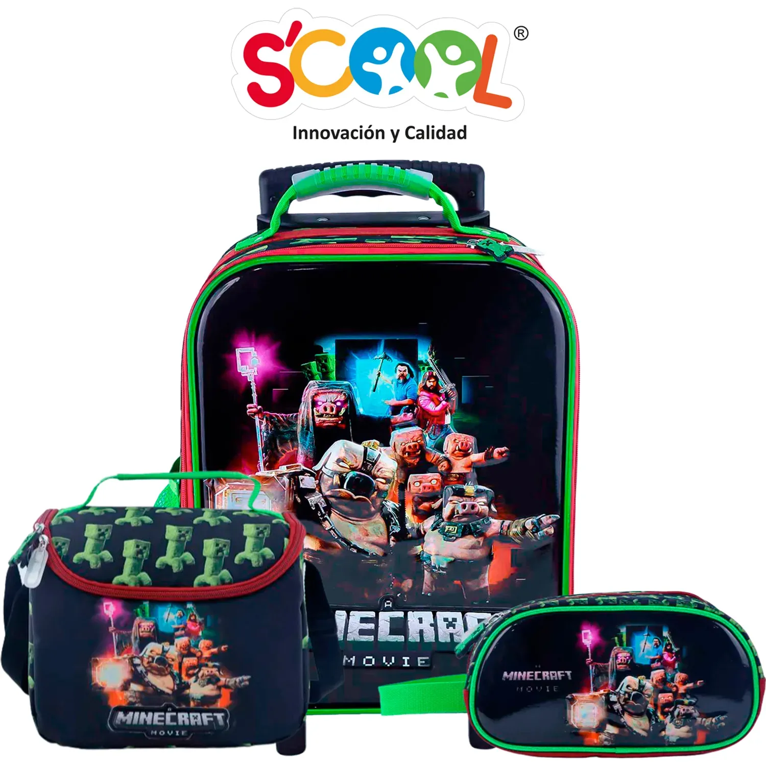 Set Scool Maleta Con Ruedas Grande Magic 3d Eva Metalico Minecraft color multicolor | Platanitos