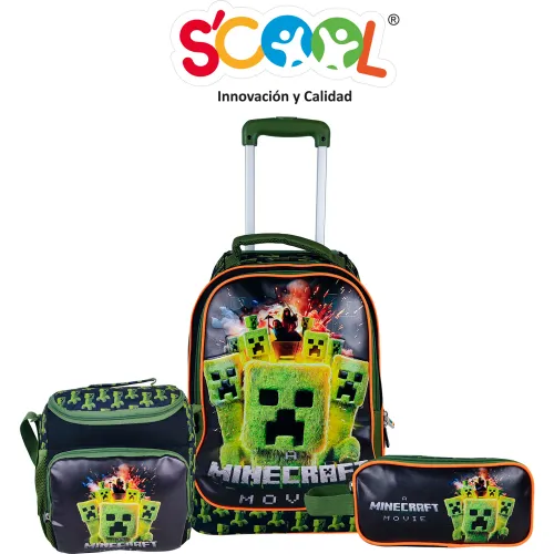 Set Scool Maleta Con Ruedas Grande Magic Premium Metalizado Minecraft | Platanitos
