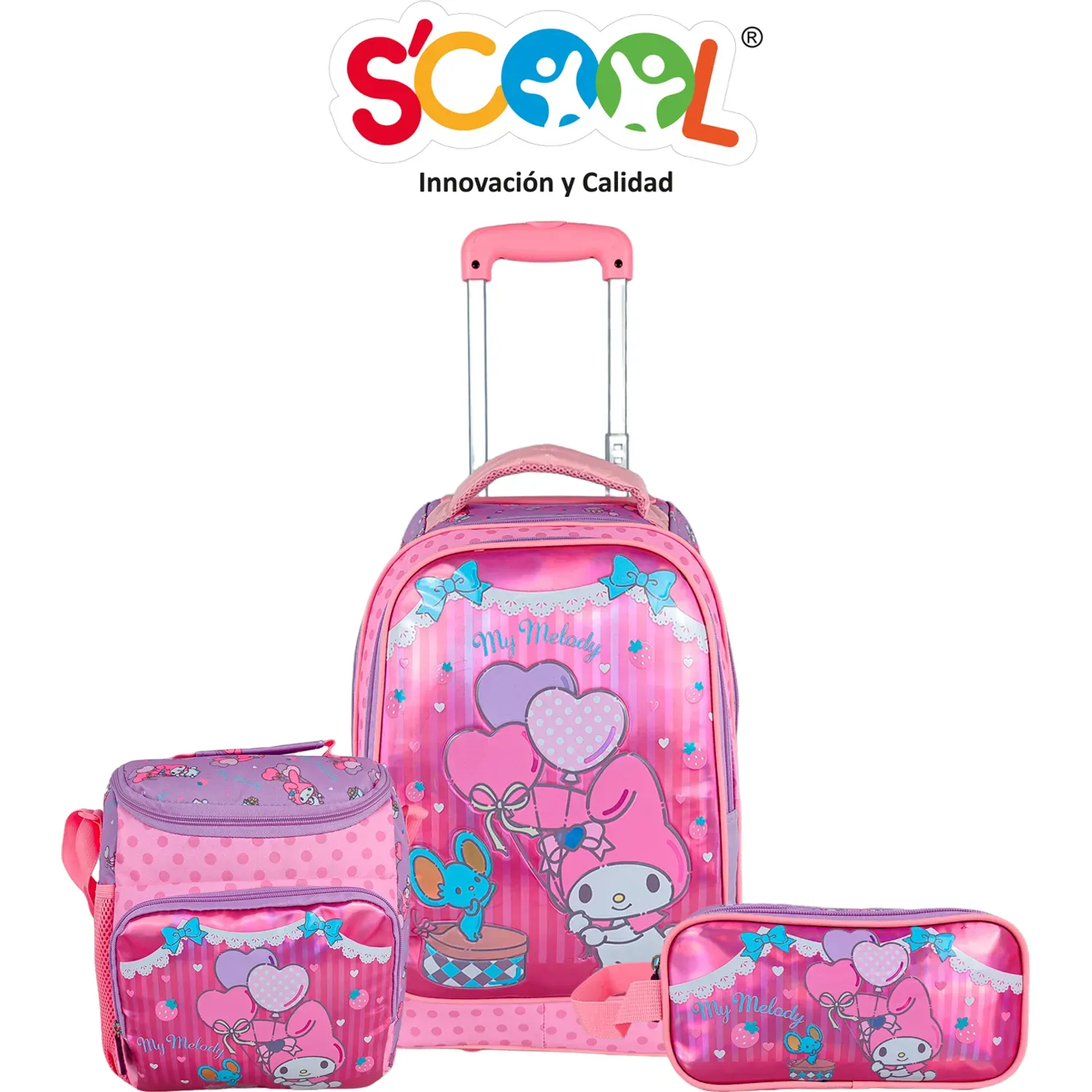 Set Scool Maleta Con Ruedas Grande Magic Premium Metalizado My Melody color multicolor | Platanitos