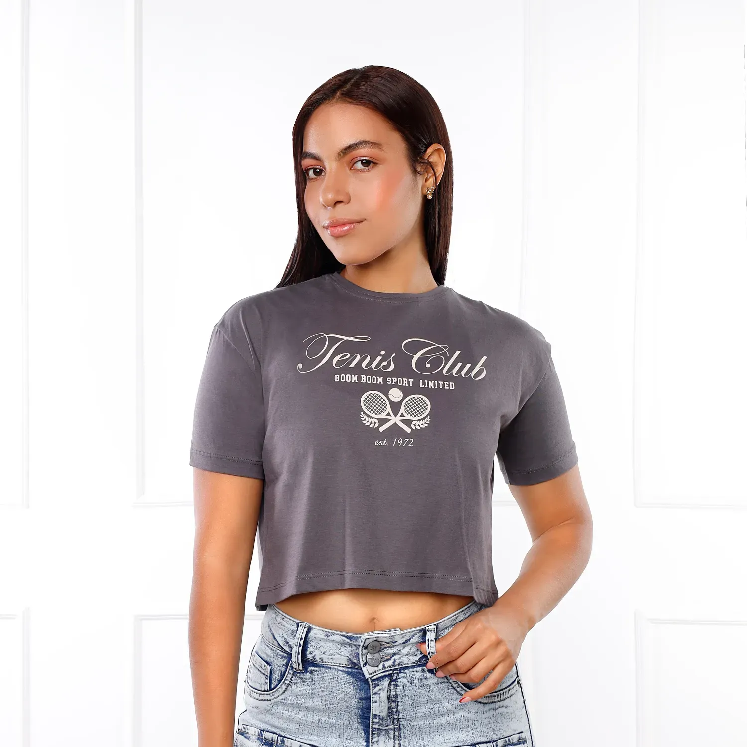 Polo Kansas Manga Corta Mujer Basico Bp1081 Crop Oversize C/Est color plomo | Platanitos