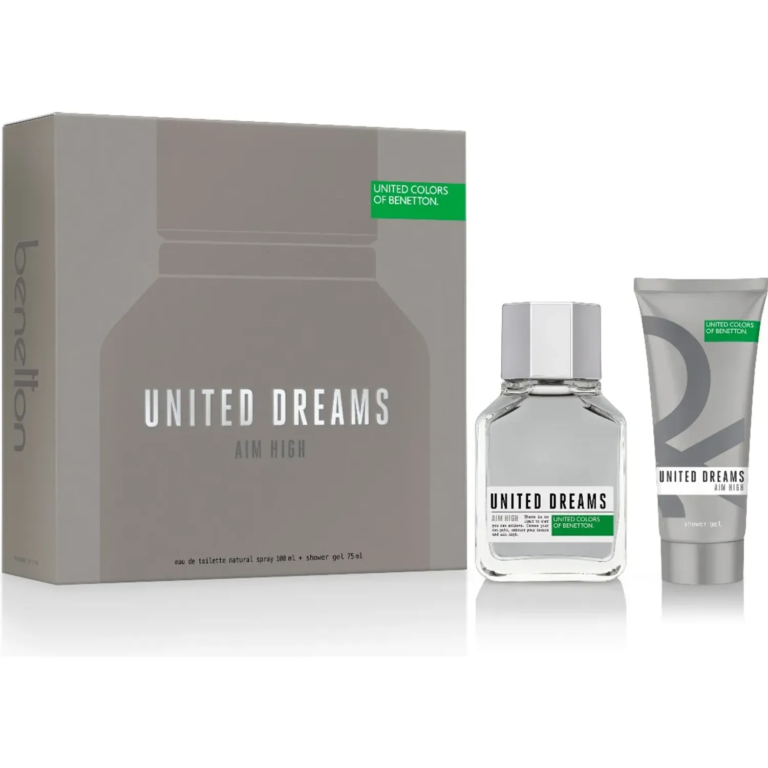 Set Benetton Perfume Hombre United Dreams Aim High Eau De Toilette 100 Ml + Shower Gel 75ml color gris | Platanitos