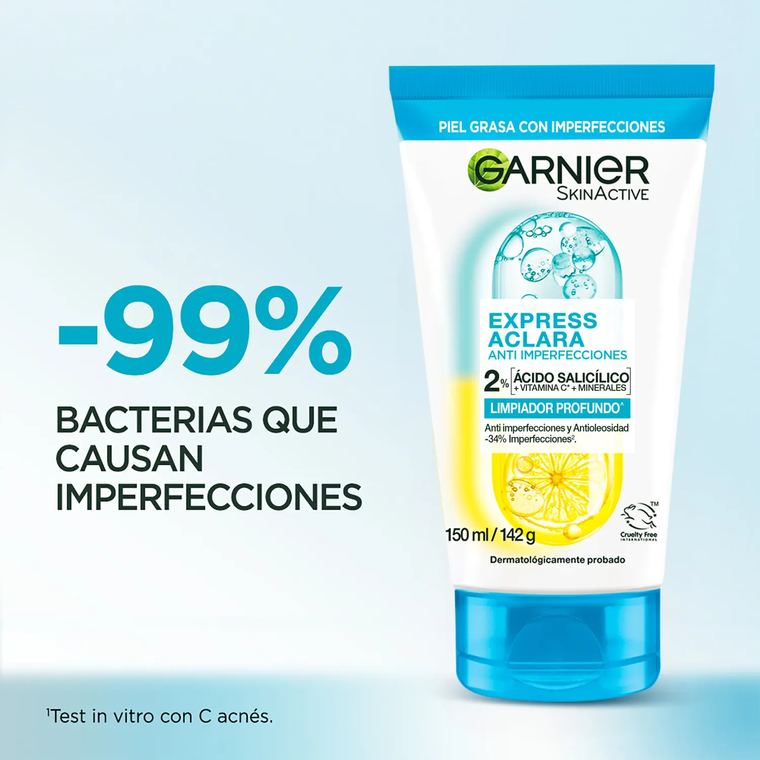 Gel Garnier Limpiador Facial Profundo Anti Imperfecciones 150ml color celeste | Platanitos