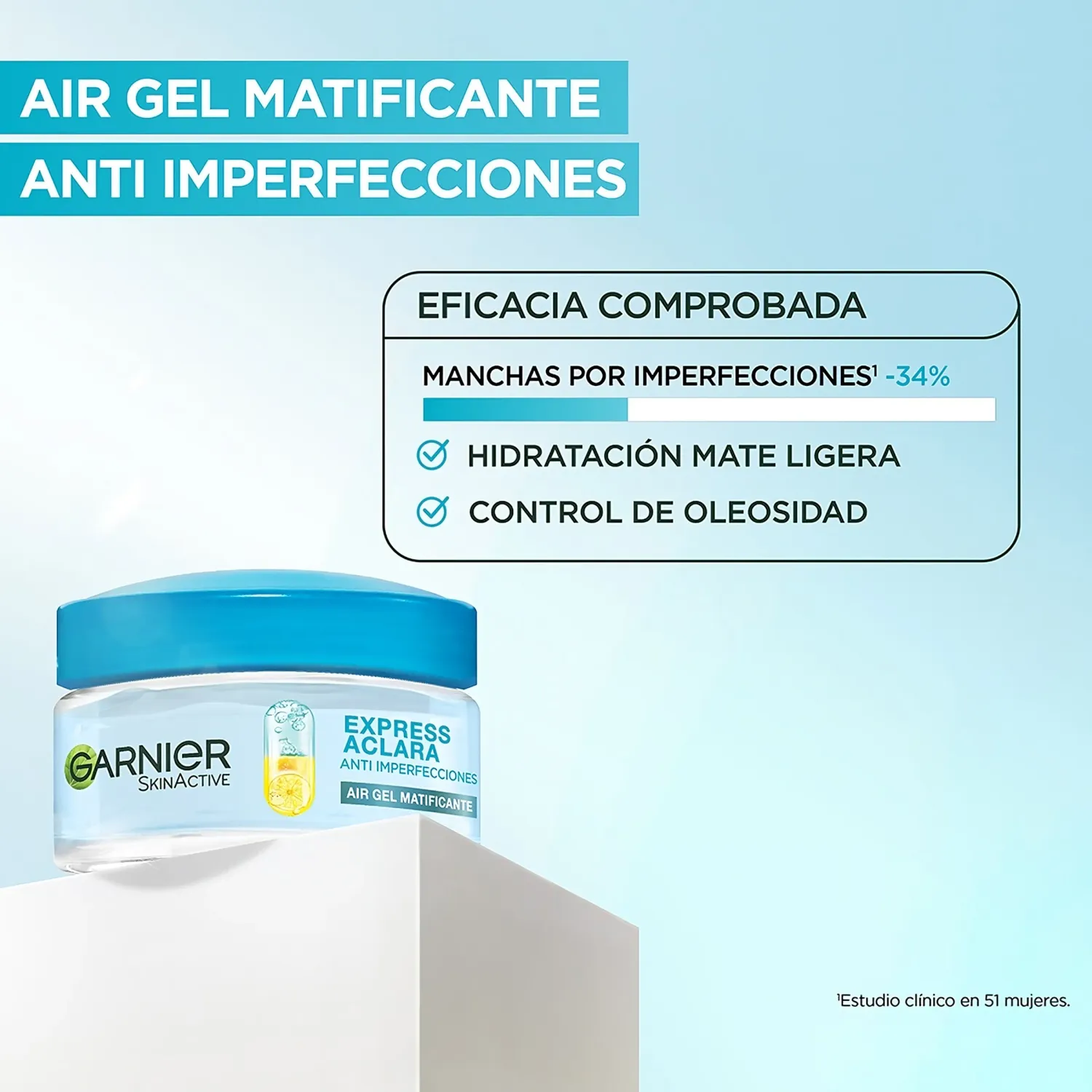 Crema Garnier Facial Air Gel Matificante Anti Imperfecciones 50ml color celeste | Platanitos