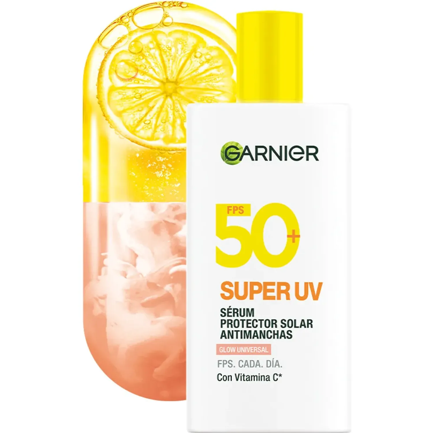 Bloqueador Garnier Fluido Glow Universal Super Uv color blanco / amarillo | Platanitos