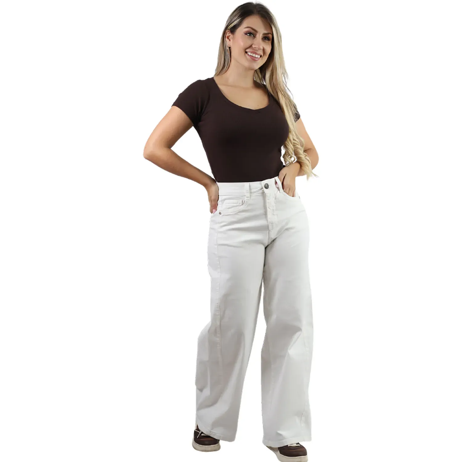 Pantalon Fordan Jeans Mujer 3955 Palazzo C/Bolsillo Parche color hueso | Platanitos