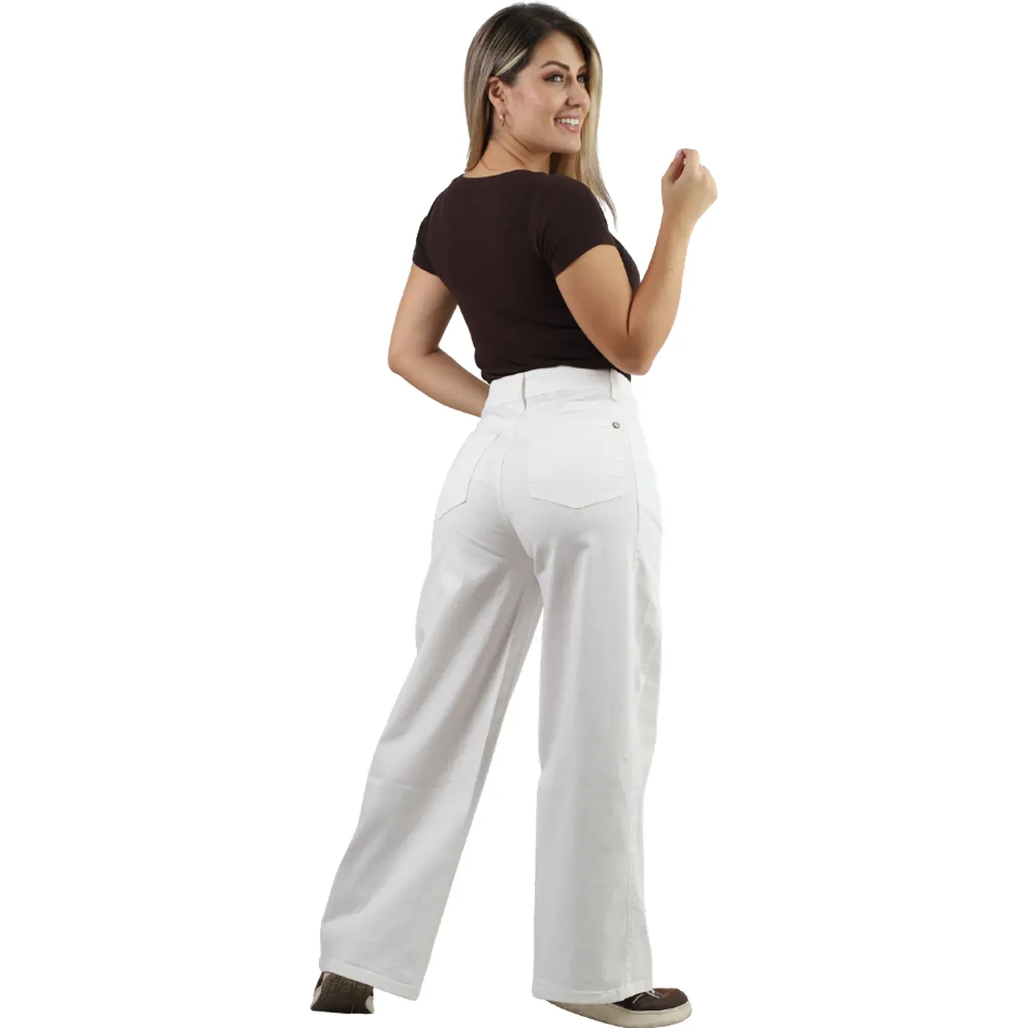 Pantalon Fordan Jeans Mujer 3955 Palazzo C/Bolsillo Parche color hueso | Platanitos