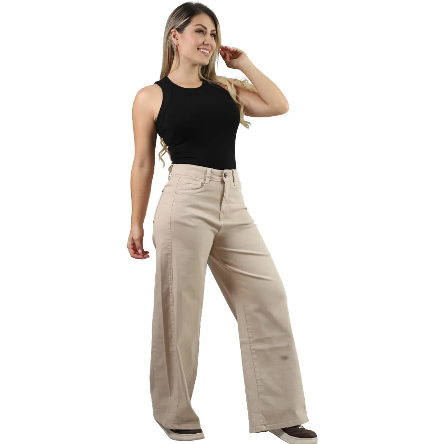 Pantalon Fordan Jeans Mujer 3955 Palazzo C/Bolsillo Parche color arena | Platanitos