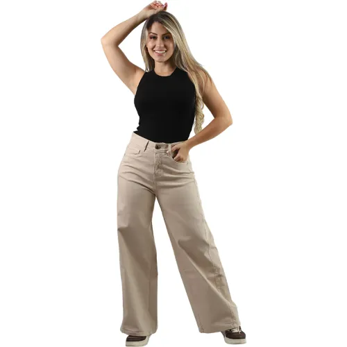Mujer FORDAN JEANS Beige Pantalon Mujer 3955 Palazzo C/Bolsillo Parche