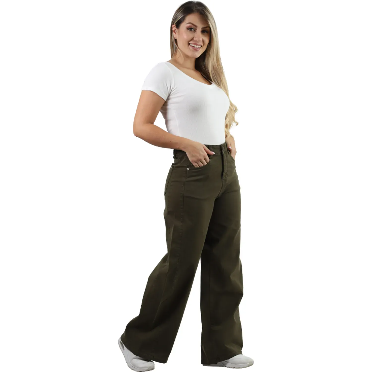 Pantalon Fordan Jeans Mujer 3955 Palazzo C/Bolsillo Parche color verde militar | Platanitos
