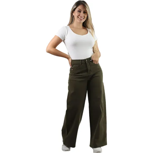 Mujer FORDAN JEANS Verde Pantalon Mujer 3955 Palazzo C/Bolsillo Parche