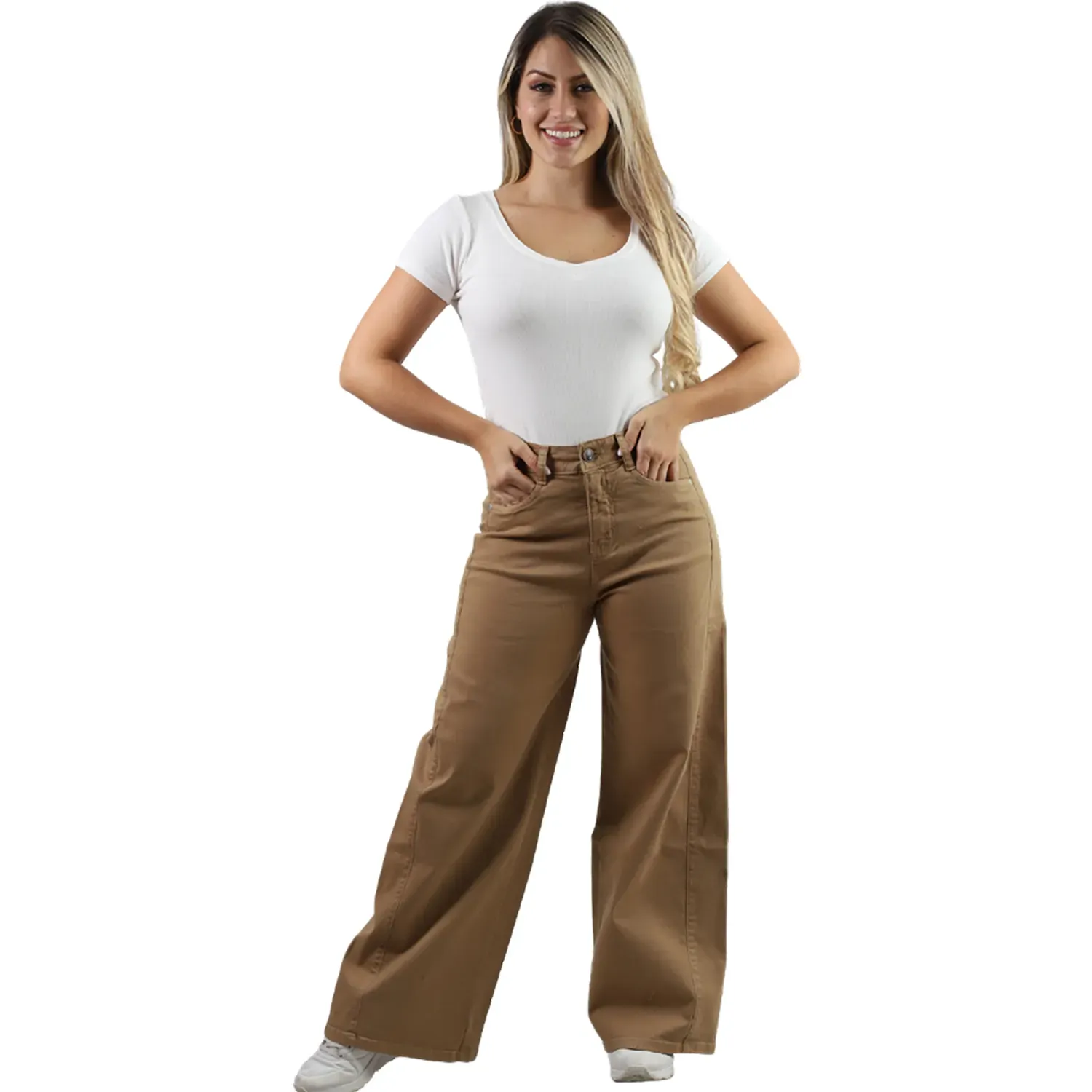 Pantalon Fordan Jeans Mujer 3955 Palazzo C/Bolsillo Parche color kakhi | Platanitos