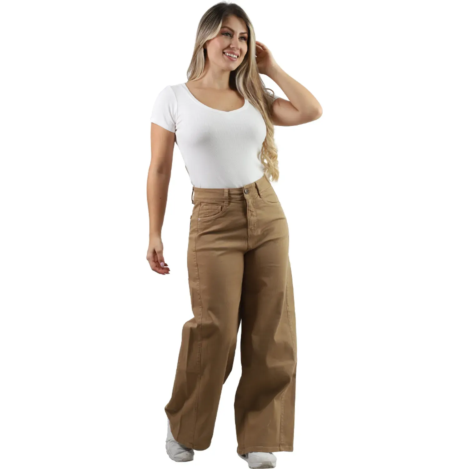 Pantalon Fordan Jeans Mujer 3955 Palazzo C/Bolsillo Parche color kakhi | Platanitos