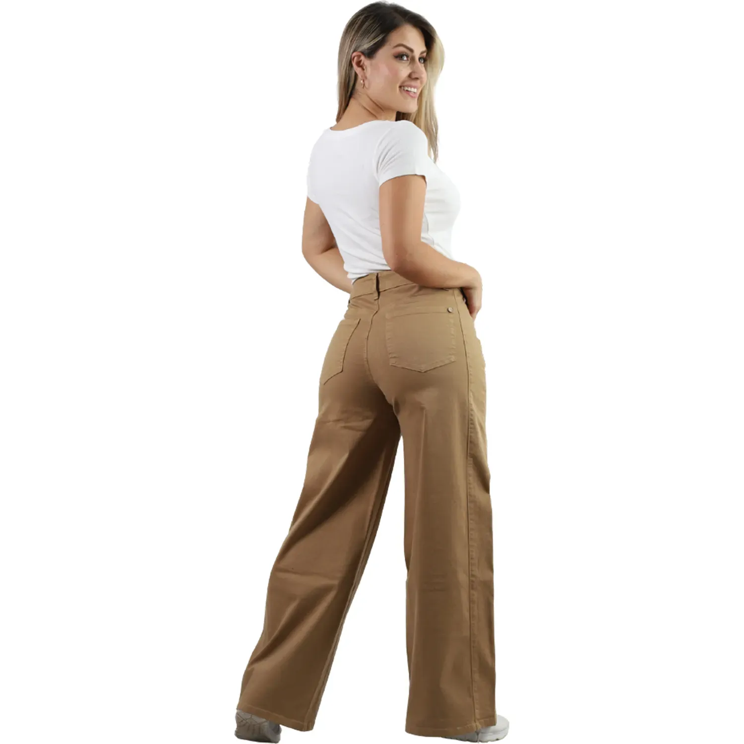 Pantalon Fordan Jeans Mujer 3955 Palazzo C/Bolsillo Parche color kakhi | Platanitos