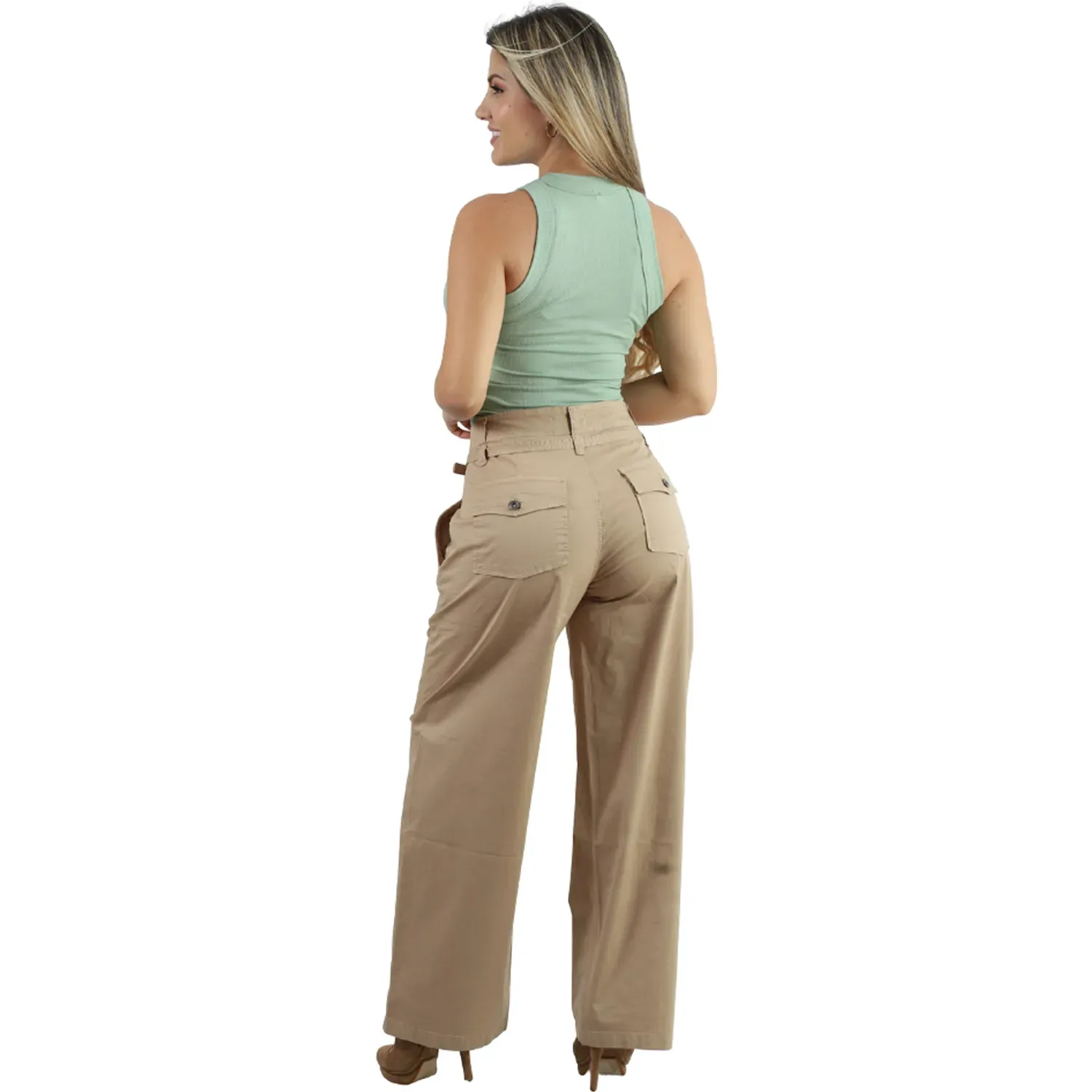 Pantalon Fordan Jeans Mujer 3957 Balloon C/Correa Y Bolsillos color beige | Platanitos