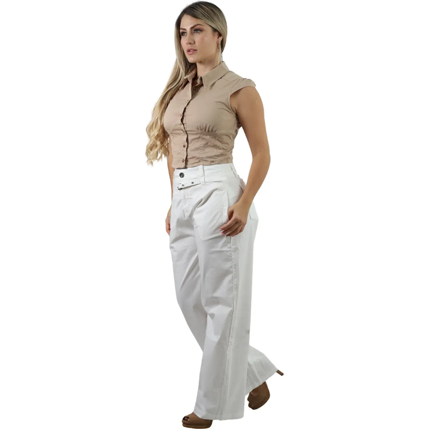 Pantalon Fordan Jeans Mujer 3957 Balloon C/Correa Y Bolsillos color hueso | Platanitos