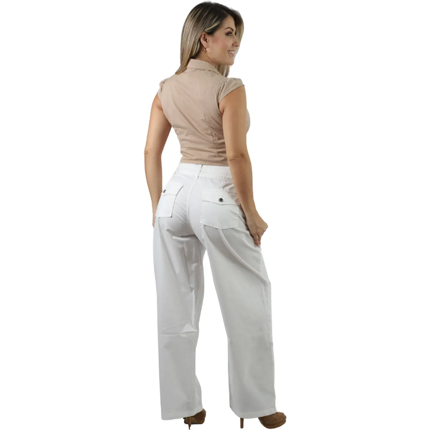 Pantalon Fordan Jeans Mujer 3957 Balloon C/Correa Y Bolsillos color hueso | Platanitos