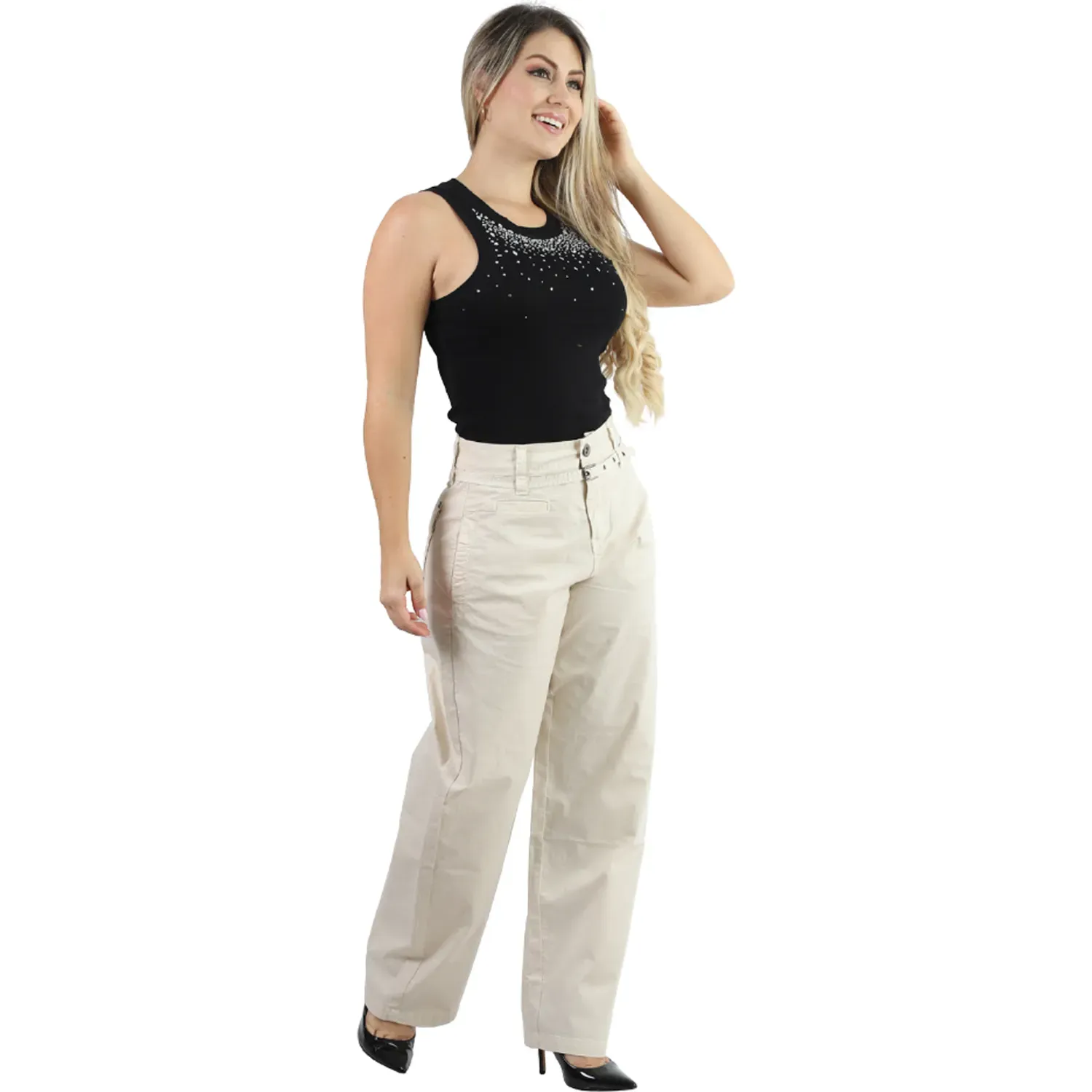Pantalon Fordan Jeans Mujer 3957 Balloon C/Correa Y Bolsillos color vainilla | Platanitos