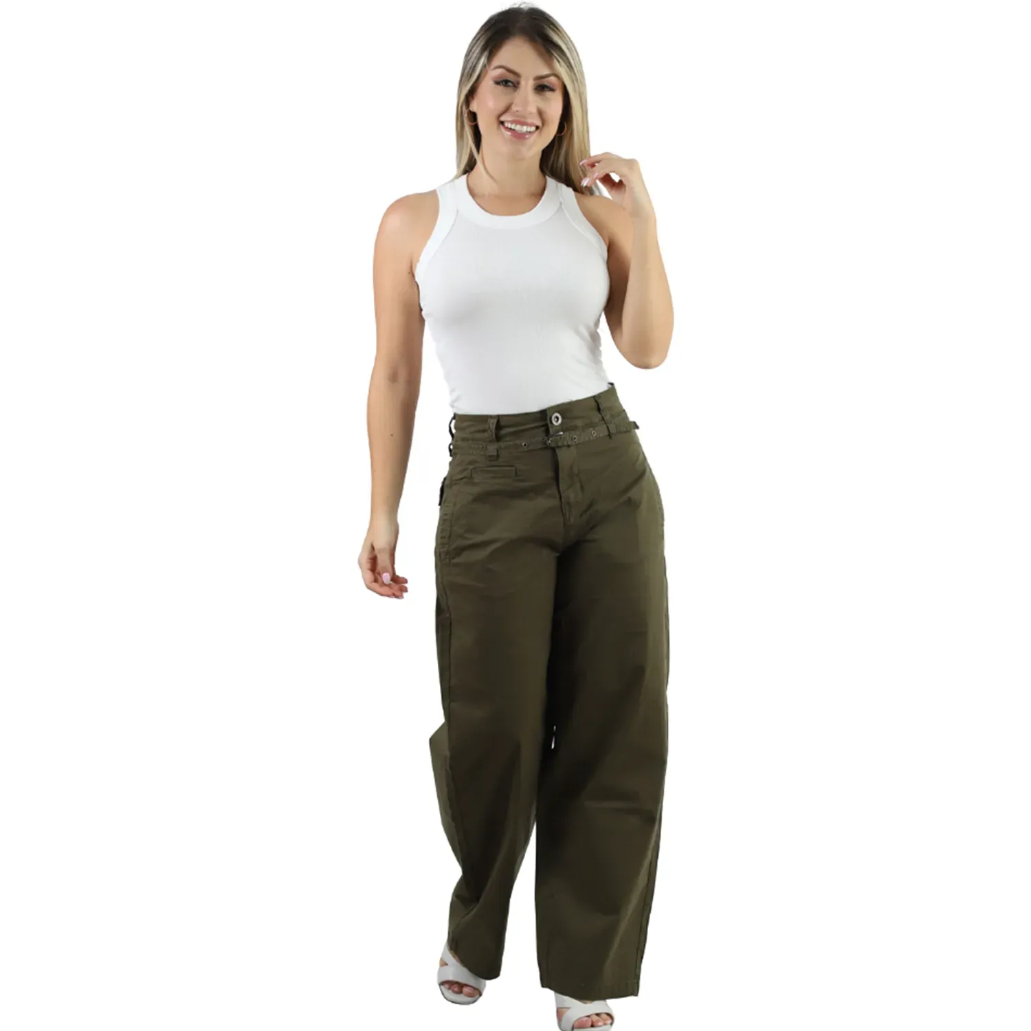Pantalon Fordan Jeans Mujer 3957 Balloon C/Correa Y Bolsillos color verde militar | Platanitos