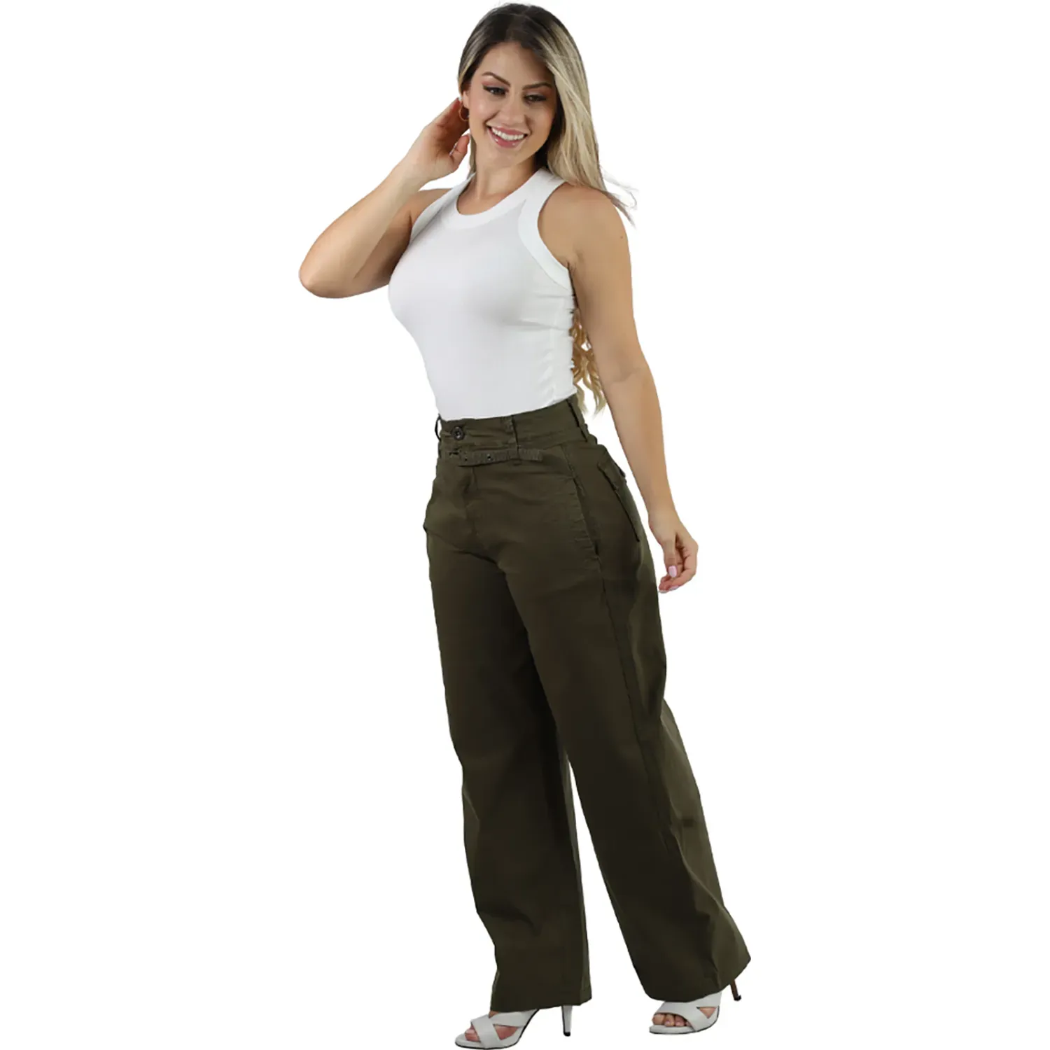 Pantalon Fordan Jeans Mujer 3957 Balloon C/Correa Y Bolsillos color verde militar | Platanitos