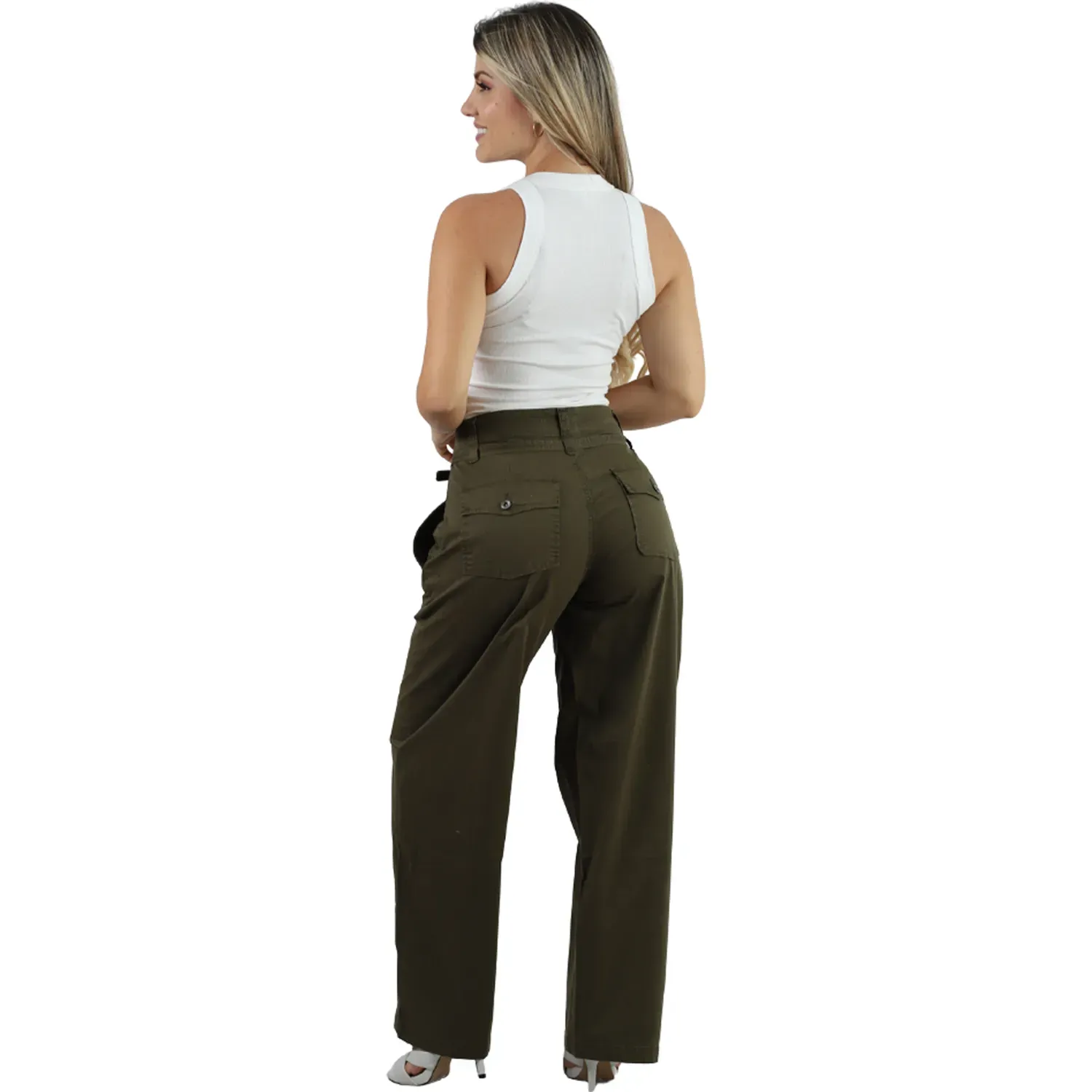 Pantalon Fordan Jeans Mujer 3957 Balloon C/Correa Y Bolsillos color verde militar | Platanitos