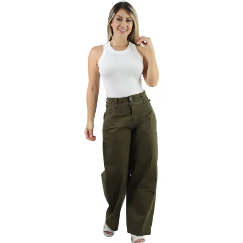 Pantalon Fordan Jeans Mujer 3957 Balloon C/Correa Y Bolsillos color verde | Platanitos