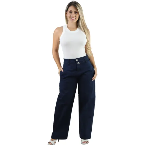 Pantalon Fordan Jeans Mujer 3957 Balloon C/Correa Y Bolsillos color azul | Platanitos