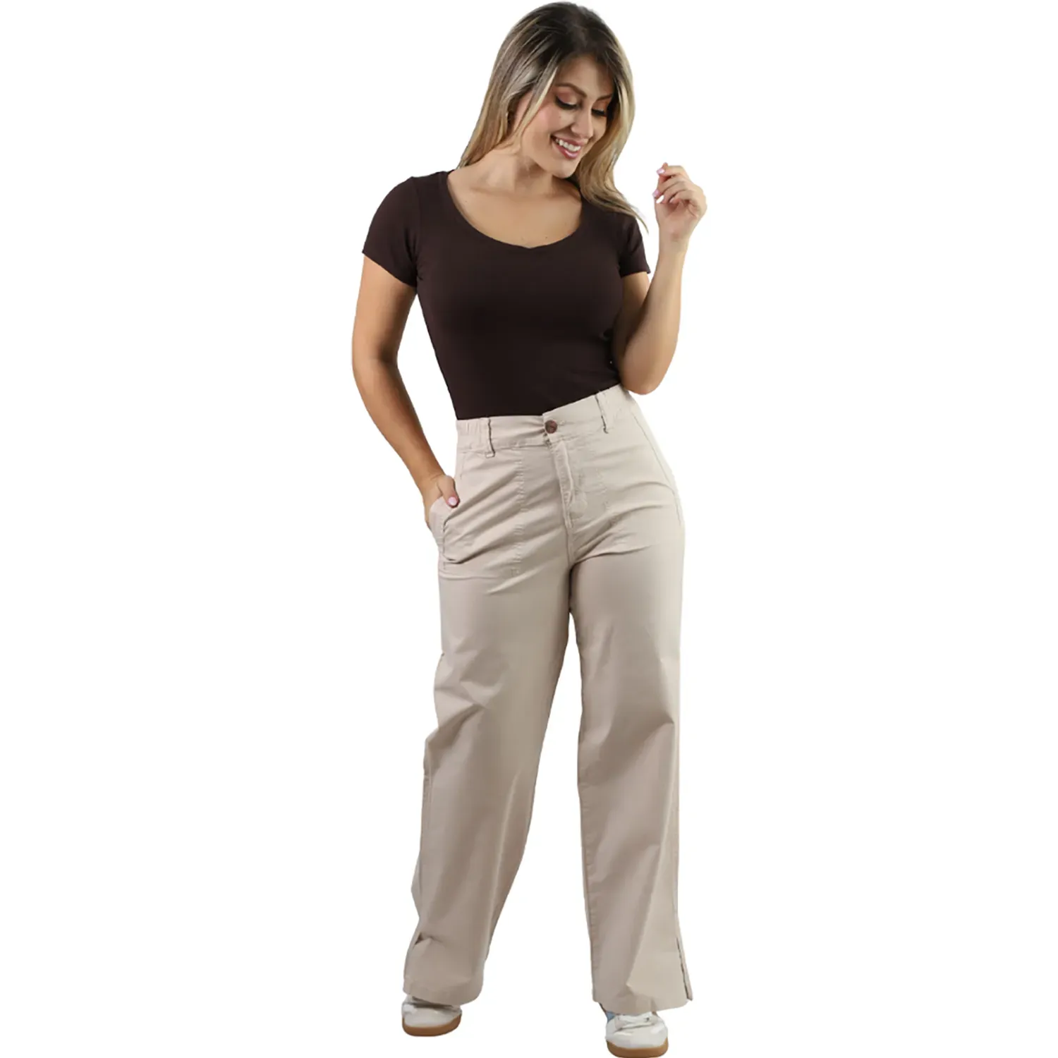 Pantalon Fordan Jeans Mujer 3966 C/Abertura  En La Basta color arena | Platanitos