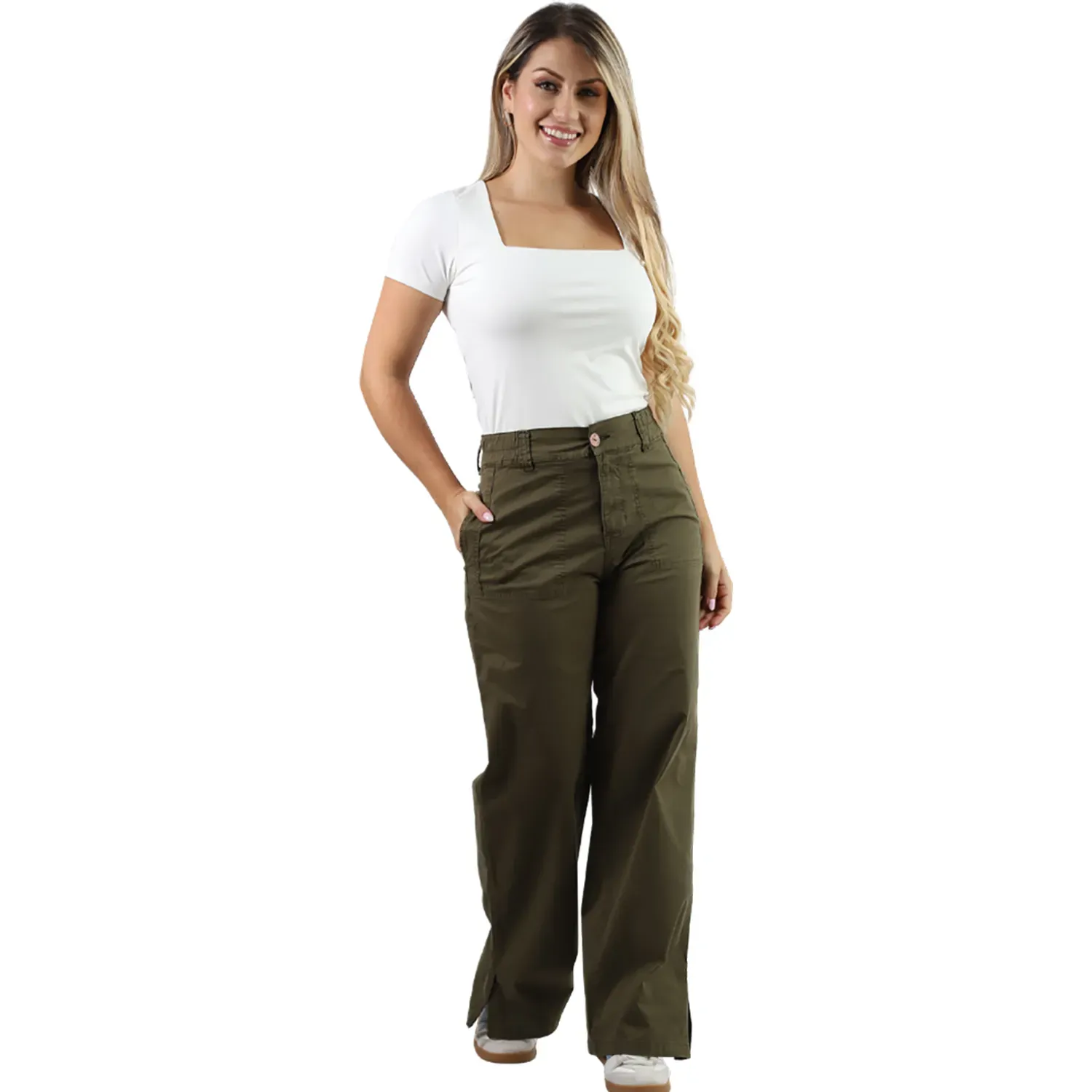 Pantalon Fordan Jeans Mujer 3966 C/Abertura  En La Basta color verde militar | Platanitos