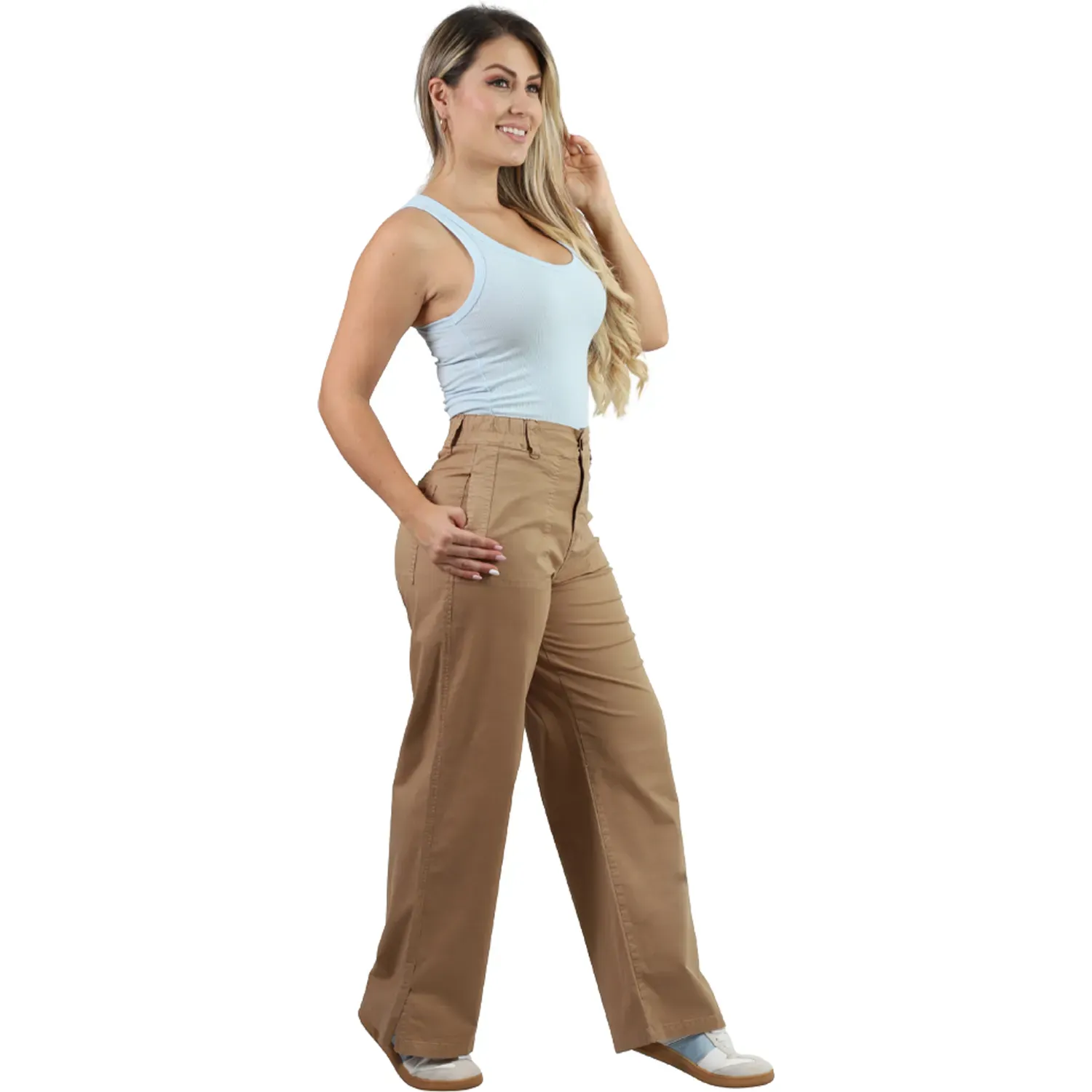 Pantalon Fordan Jeans Mujer 3966 C/Abertura  En La Basta color kakhi | Platanitos