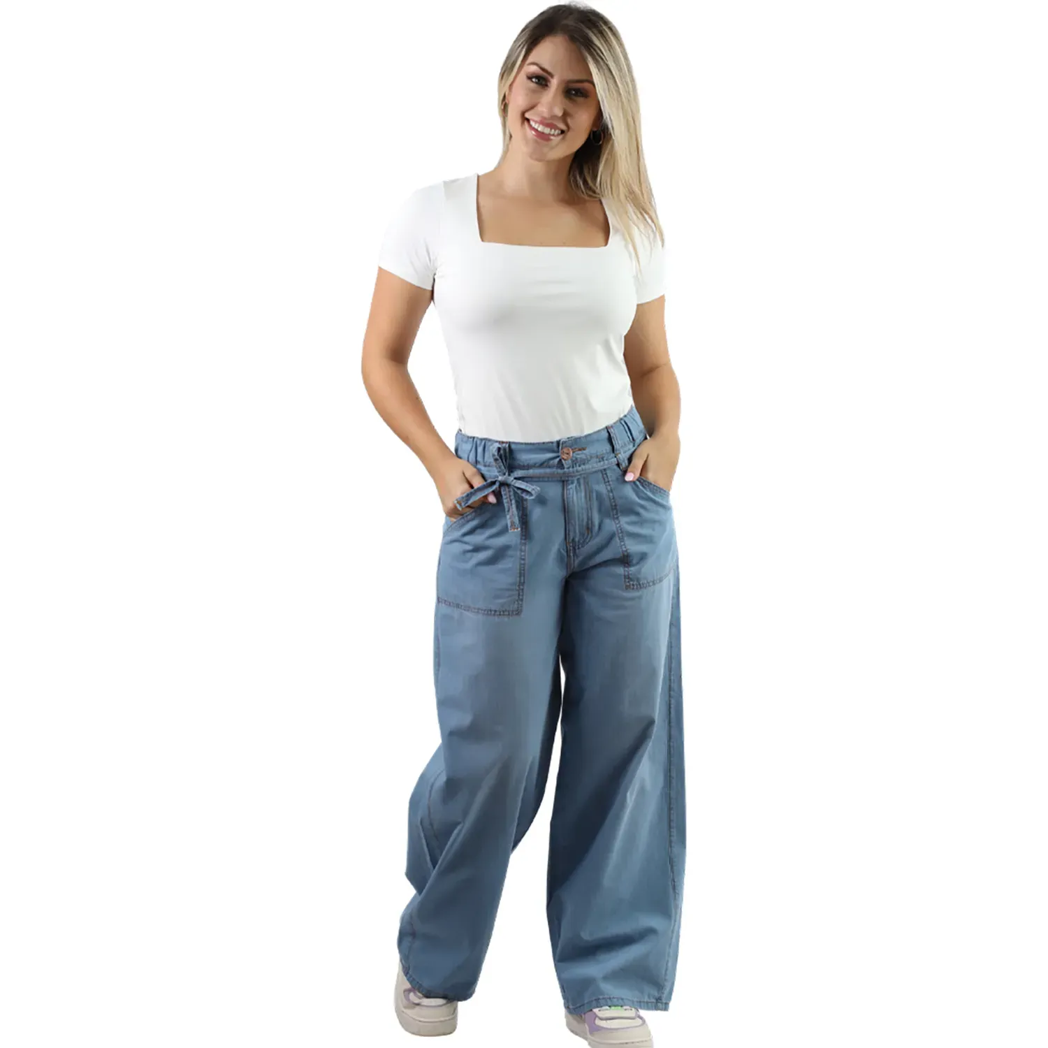 Pantalon Fordan Jeans Jean Mujer 3968 Wide Leg C/Bosillo Parche color celeste | Platanitos