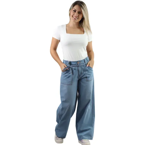 Pantalon Fordan Jeans Jean Mujer 3968 Wide Leg C/Bosillo Parche color celeste | Platanitos
