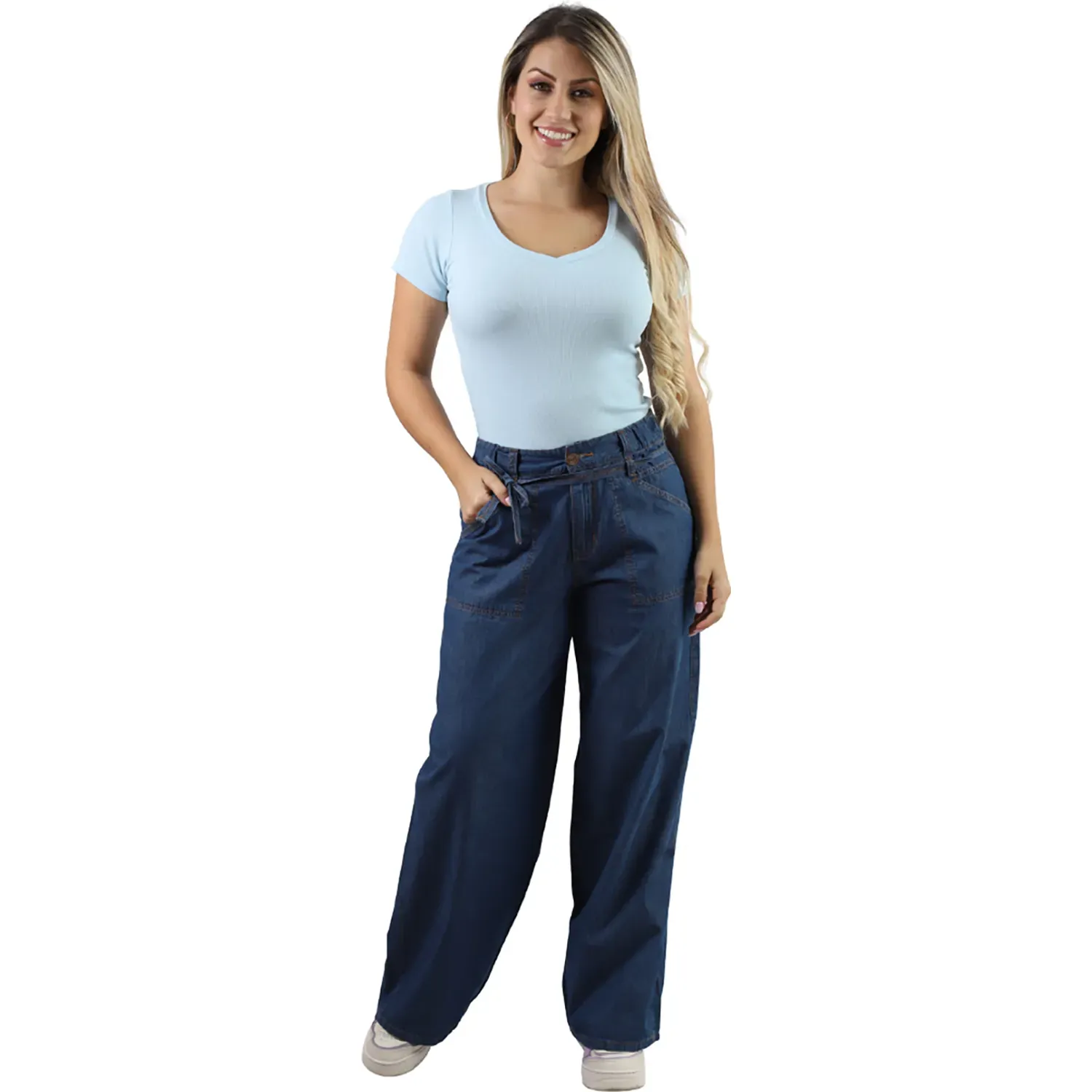 Pantalon Fordan Jeans Jean Mujer 3968 Wide Leg C/Bosillo Parche color stone blue | Platanitos