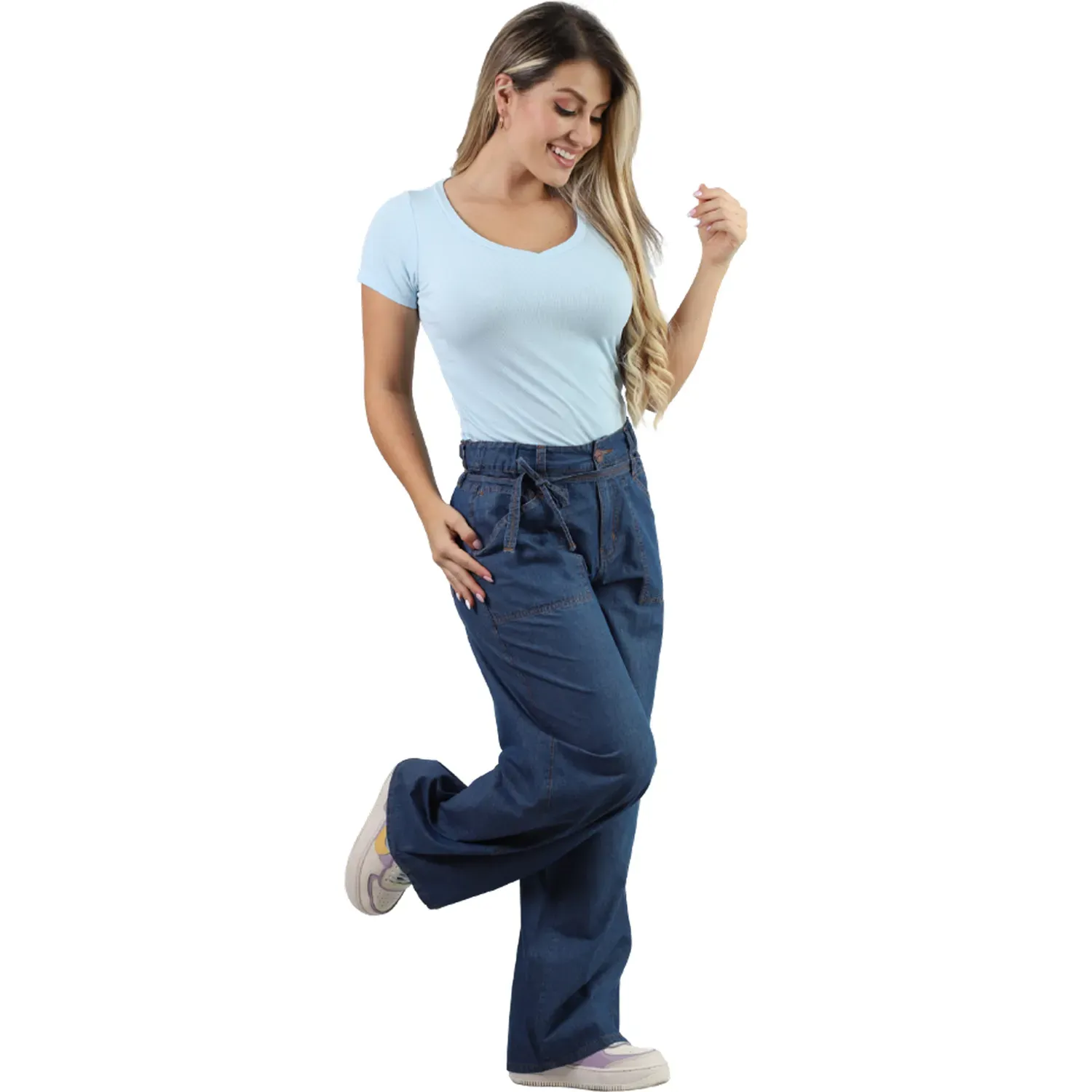 Pantalon Fordan Jeans Jean Mujer 3968 Wide Leg C/Bosillo Parche color stone blue | Platanitos