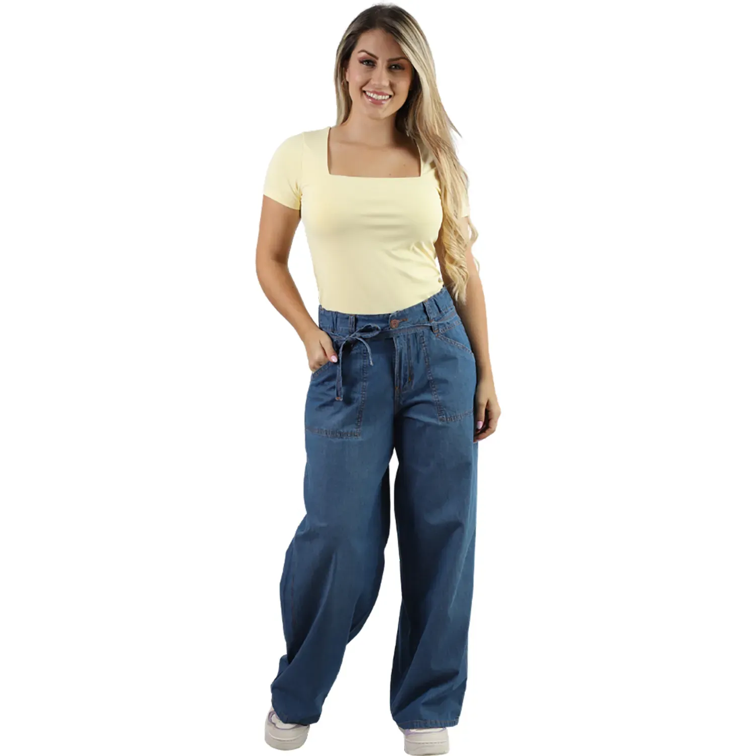 Pantalon Fordan Jeans Jean Mujer 3968 Wide Leg C/Bosillo Parche color used blue | Platanitos