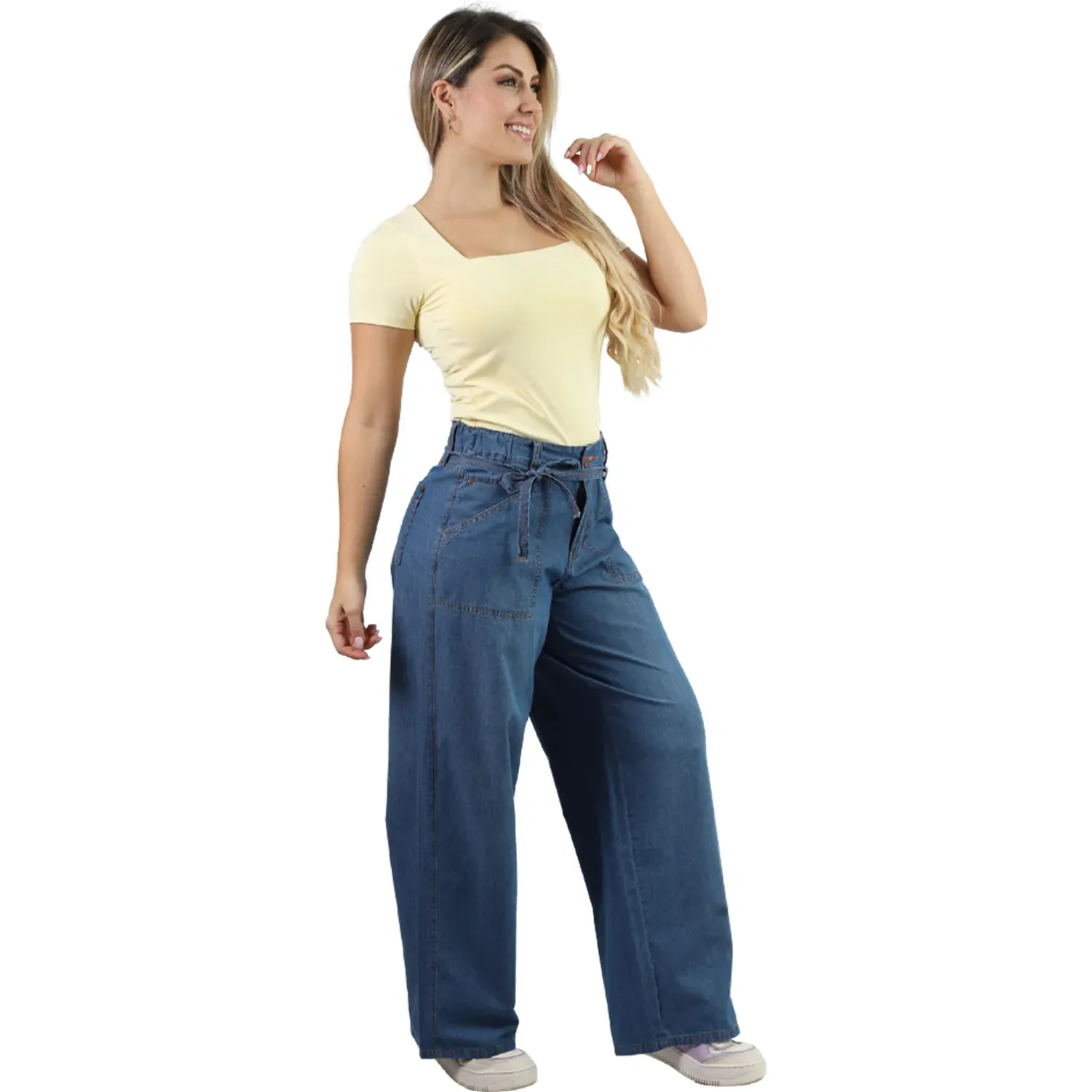 Pantalon Fordan Jeans Jean Mujer 3968 Wide Leg C/Bosillo Parche color used blue | Platanitos