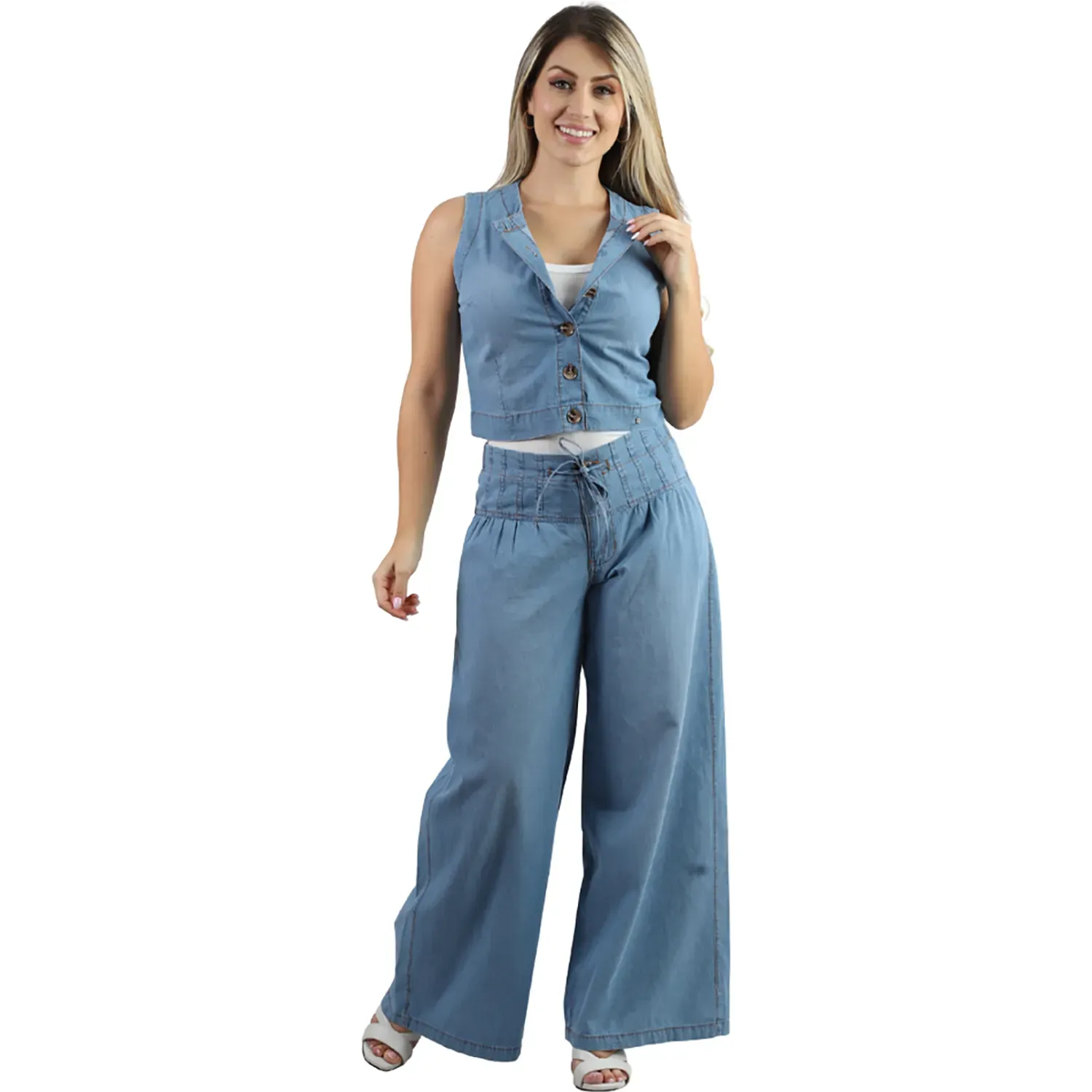 Pantalon Fordan Jeans Jean Mujer 3971 Palazzo C/Elastico Bolsillo Ojal color celeste | Platanitos