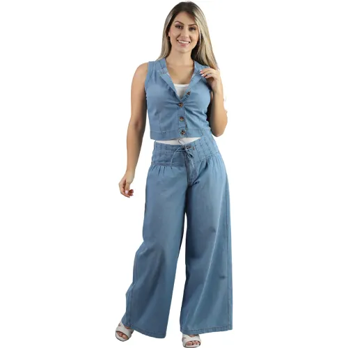 Pantalon Fordan Jeans Jean Mujer 3971 Palazzo C/Elastico Bolsillo Ojal color celeste | Platanitos