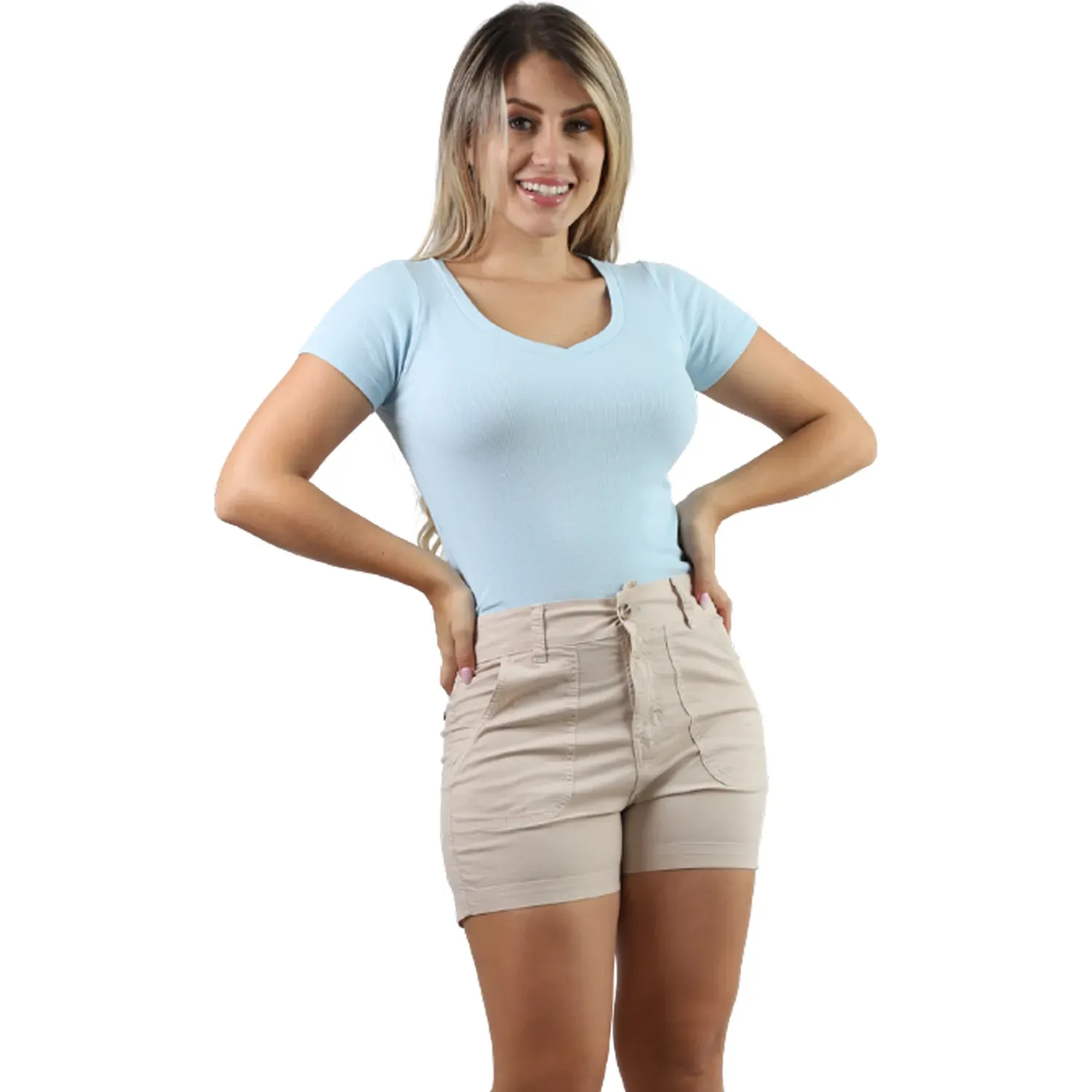 Short Fordan Jeans Mujer 3974 C/Elastico Espaldar Y Bolsillo Parche color arena | Platanitos