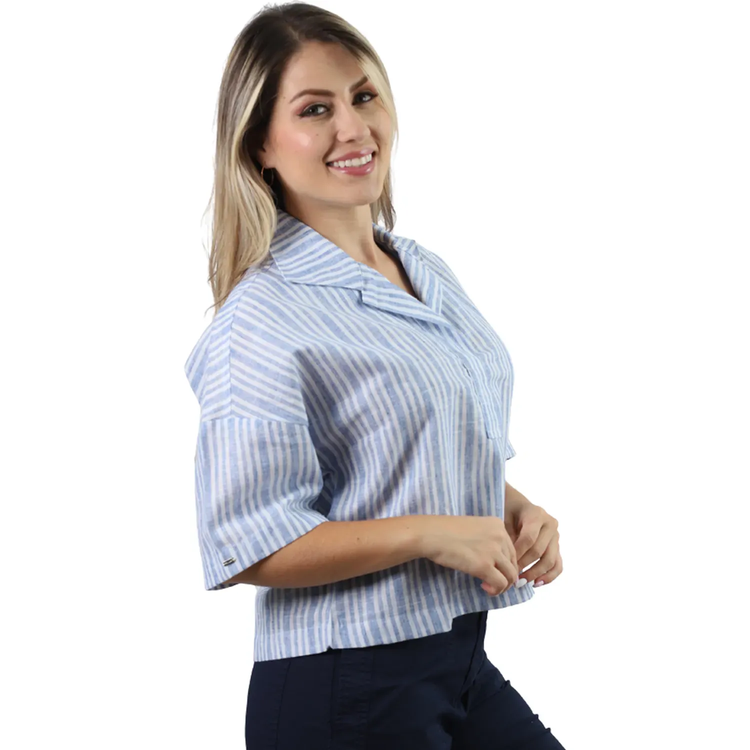 Blusa Fordan Jeans Manga Corta Mujer 3960 Cuello Camisero color celeste | Platanitos