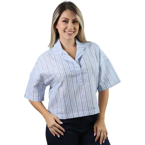 Blusa Fordan Jeans Manga Corta Mujer 3960 Cuello Camisero color celeste | Platanitos