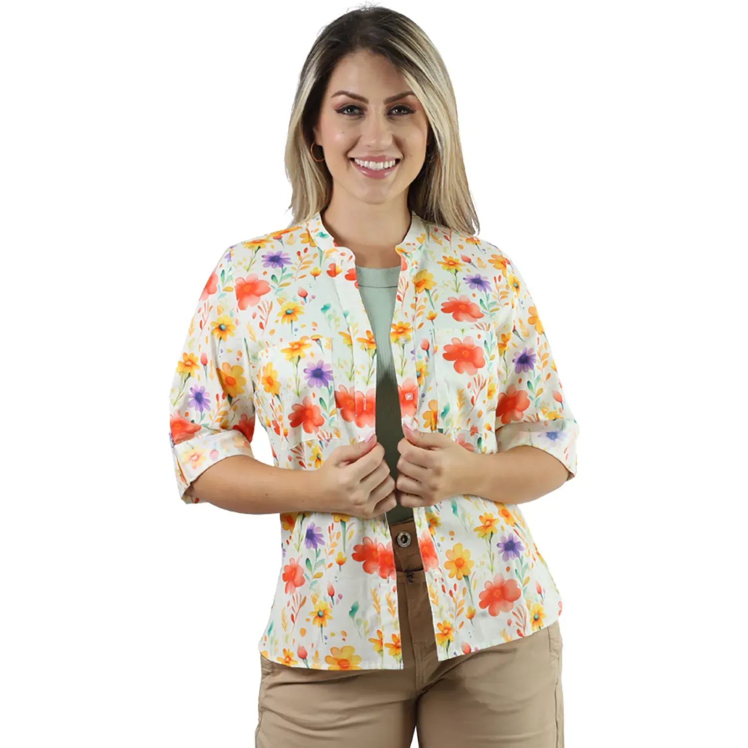 Blusa Fordan Jeans Mujer 3965  Manga 3/4 Cuello Neru color naranja | Platanitos