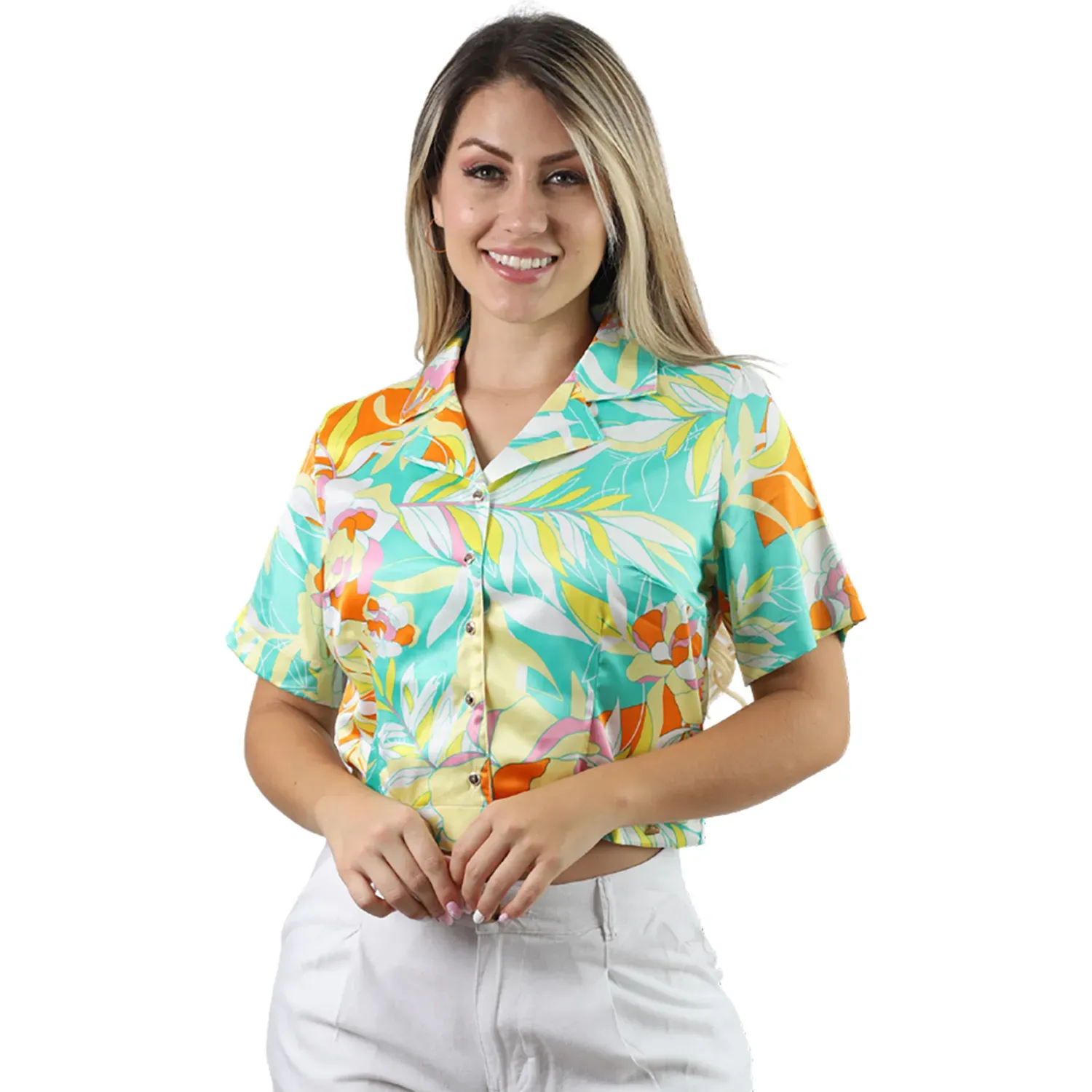 FORDAN JEANS Blusa Fordan Jeans Manga Corta Mujer 3967 Cuello C/Solapa color verde | Platanitos