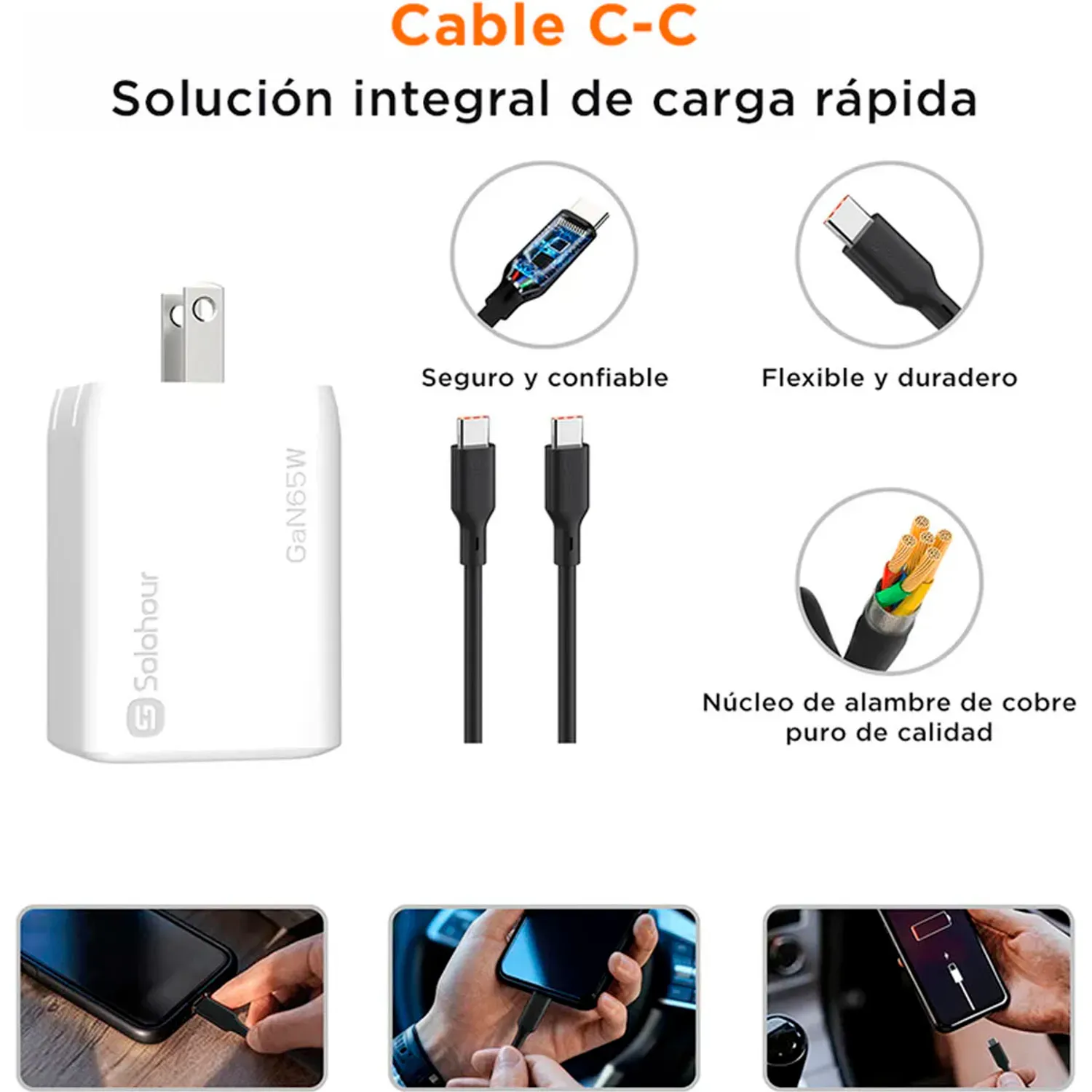 Cargador Solohour Rápido Gan 65w 3 En 1 Con Cable Usb-C A Usb-C color negro | Platanitos