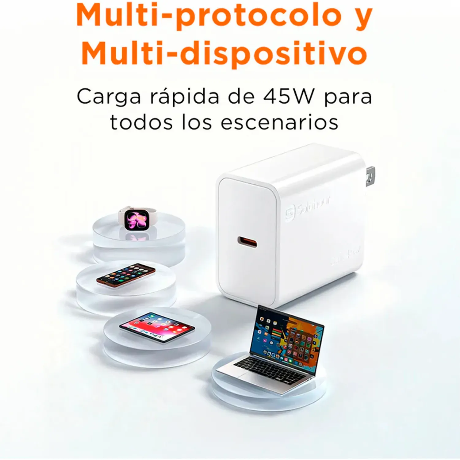 Cargador Solohour Rápido Gan 45w Con Cable Usb-C A Usb-C color blanco | Platanitos