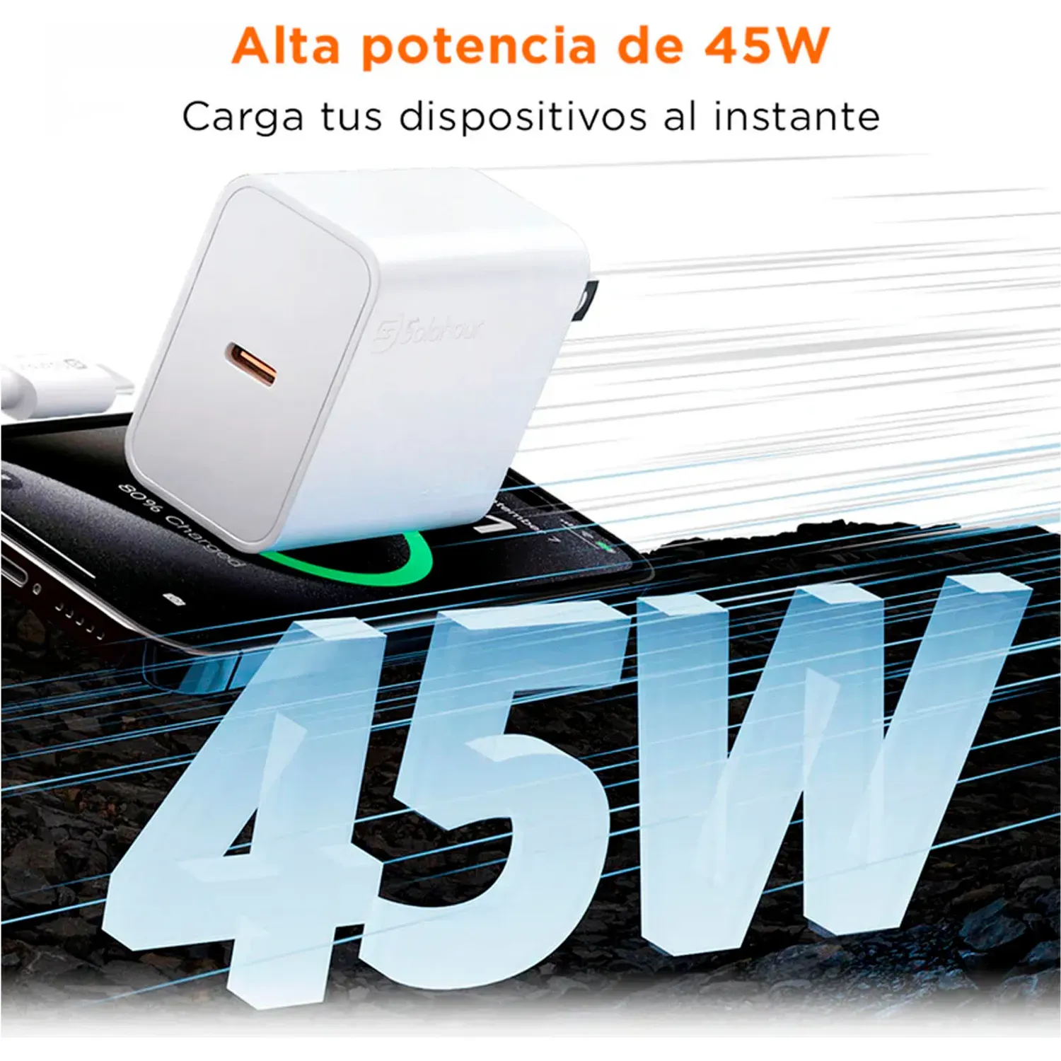 Cargador Solohour Rápido Gan 45w Con Cable Usb-C A Usb-C color blanco | Platanitos