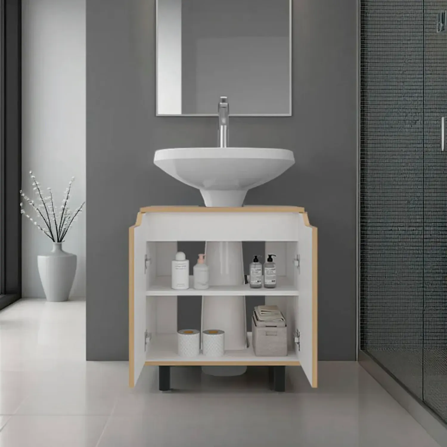 Mueble Tuhome Para Lavamanos 2 Puertas Marlo color fresno y blanco | Platanitos
