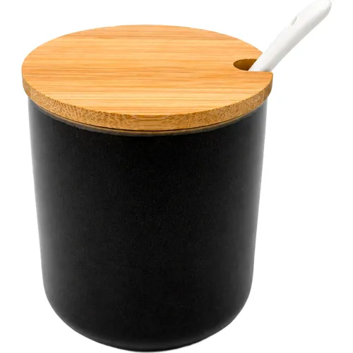 Frasco Ichimatsu De Porcelana Con Tapa De Madera Y Cucharita De 310 Ml color negro | Platanitos