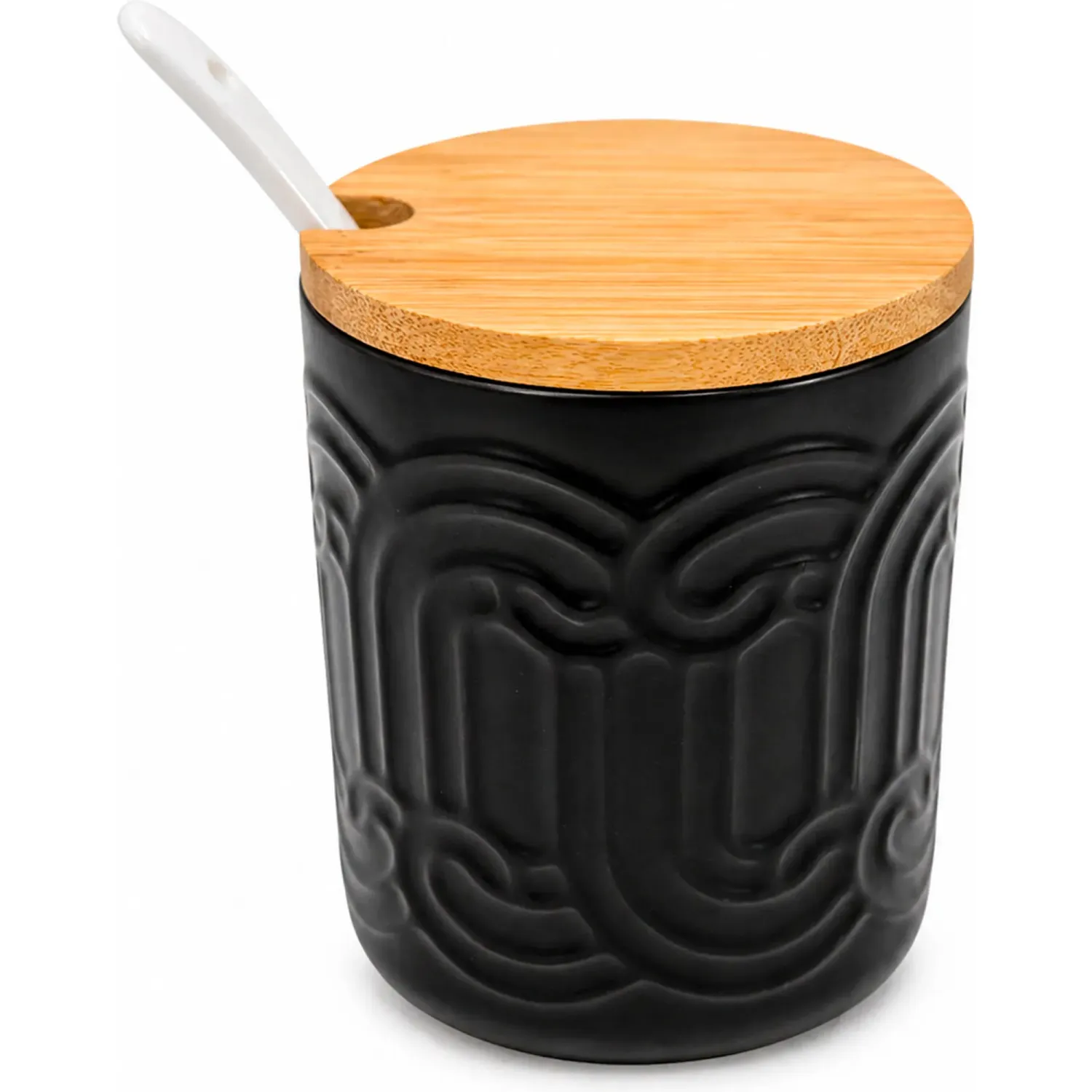 Frasco Ichimatsu De Porcelana Con Tapa De Madera Y Cucharita De 310 Ml color negro | Platanitos