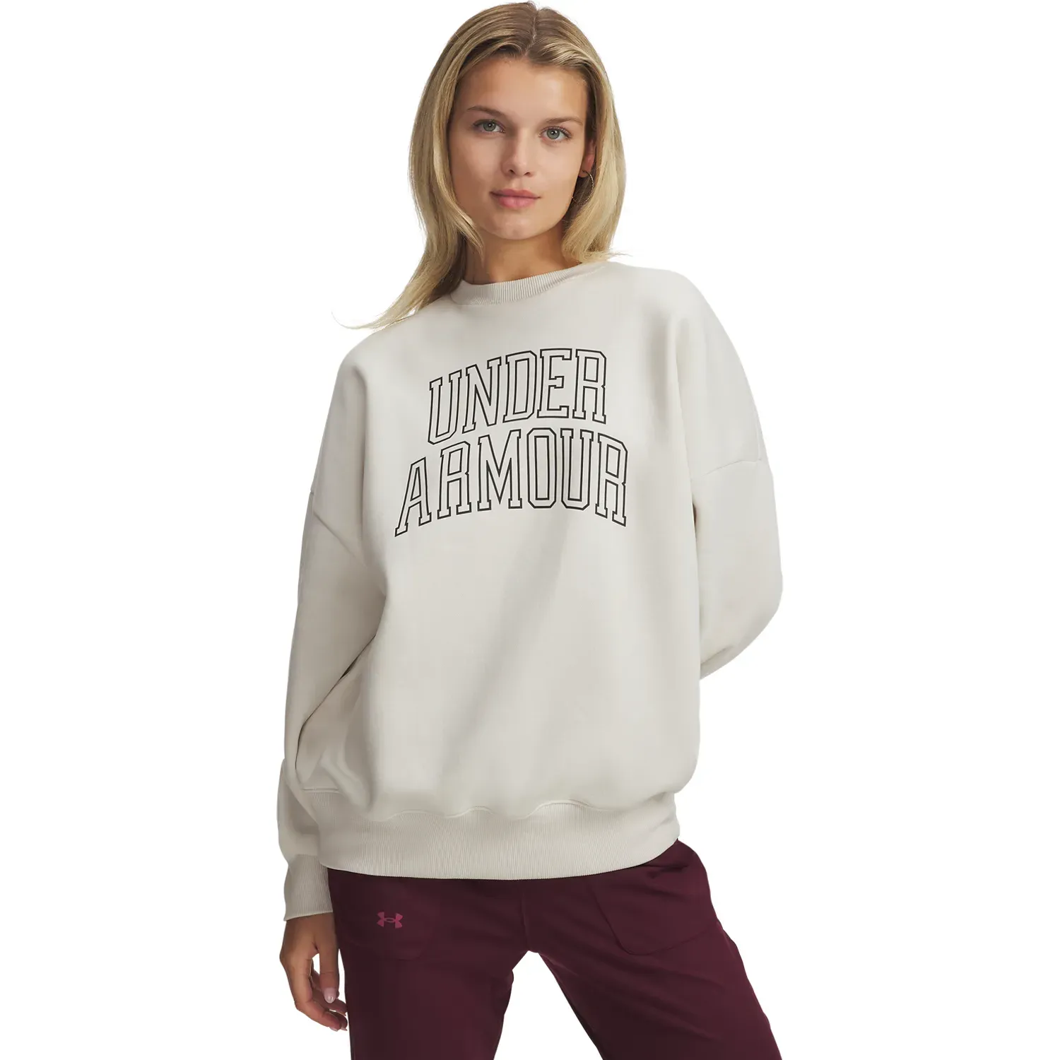 Under Armour Polera Under Armour Deportiva Mujer Rival Flc Os Varsity Crew color beige | Platanitos